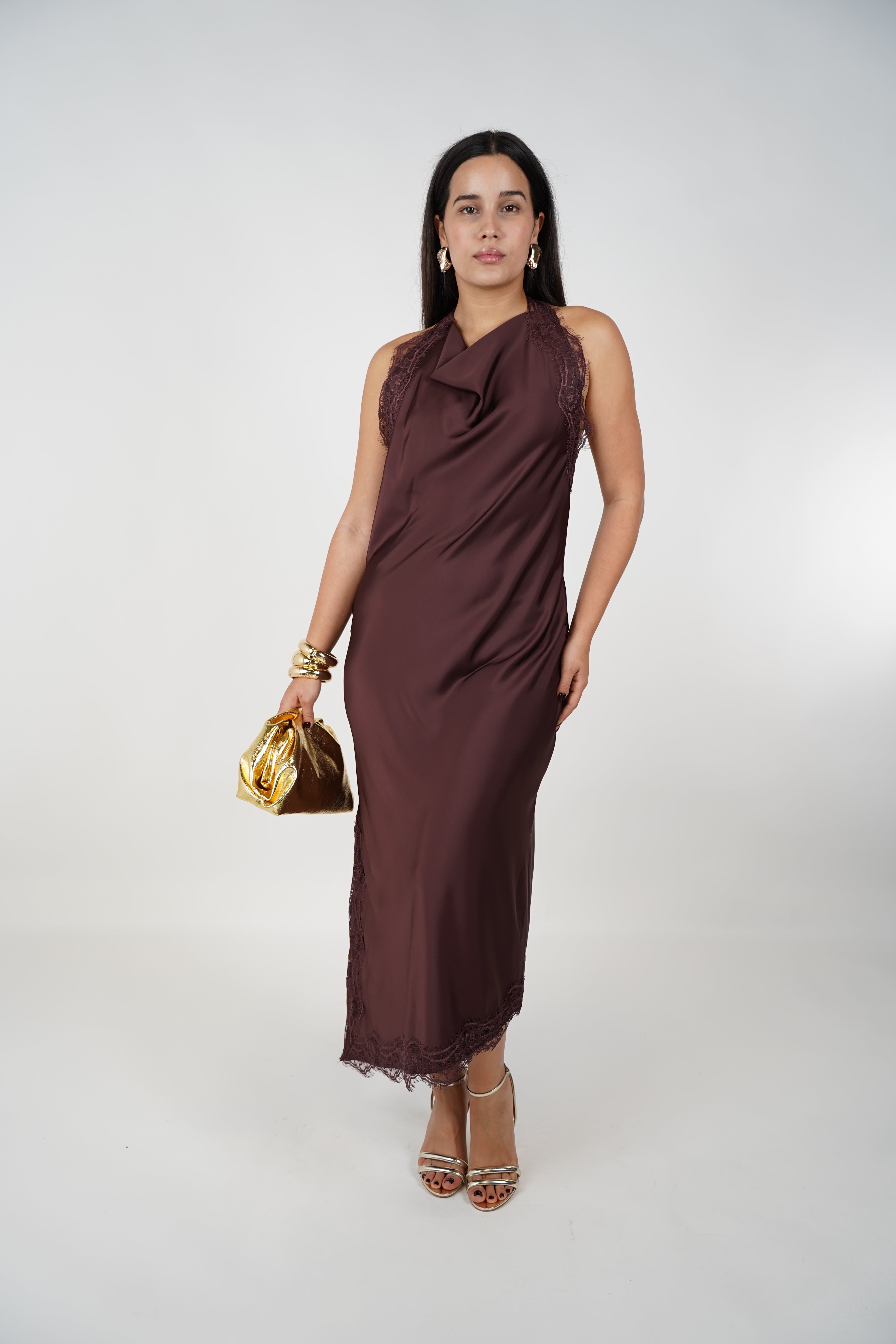 Mariela Satin Lace Dress – Elegant Cowl Neck Maxi