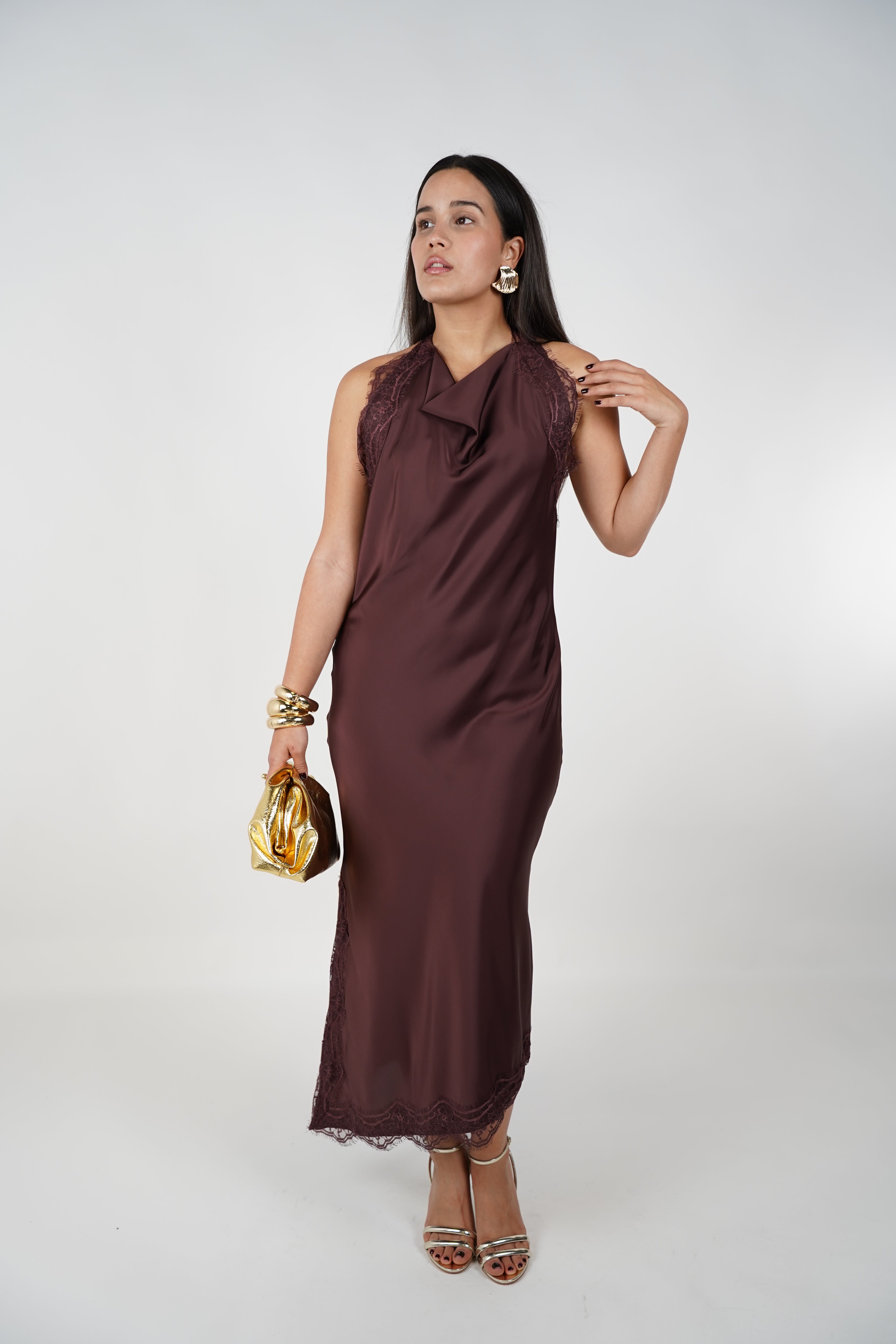 Mariela Satin Lace Dress – Elegant Cowl Neck Maxi