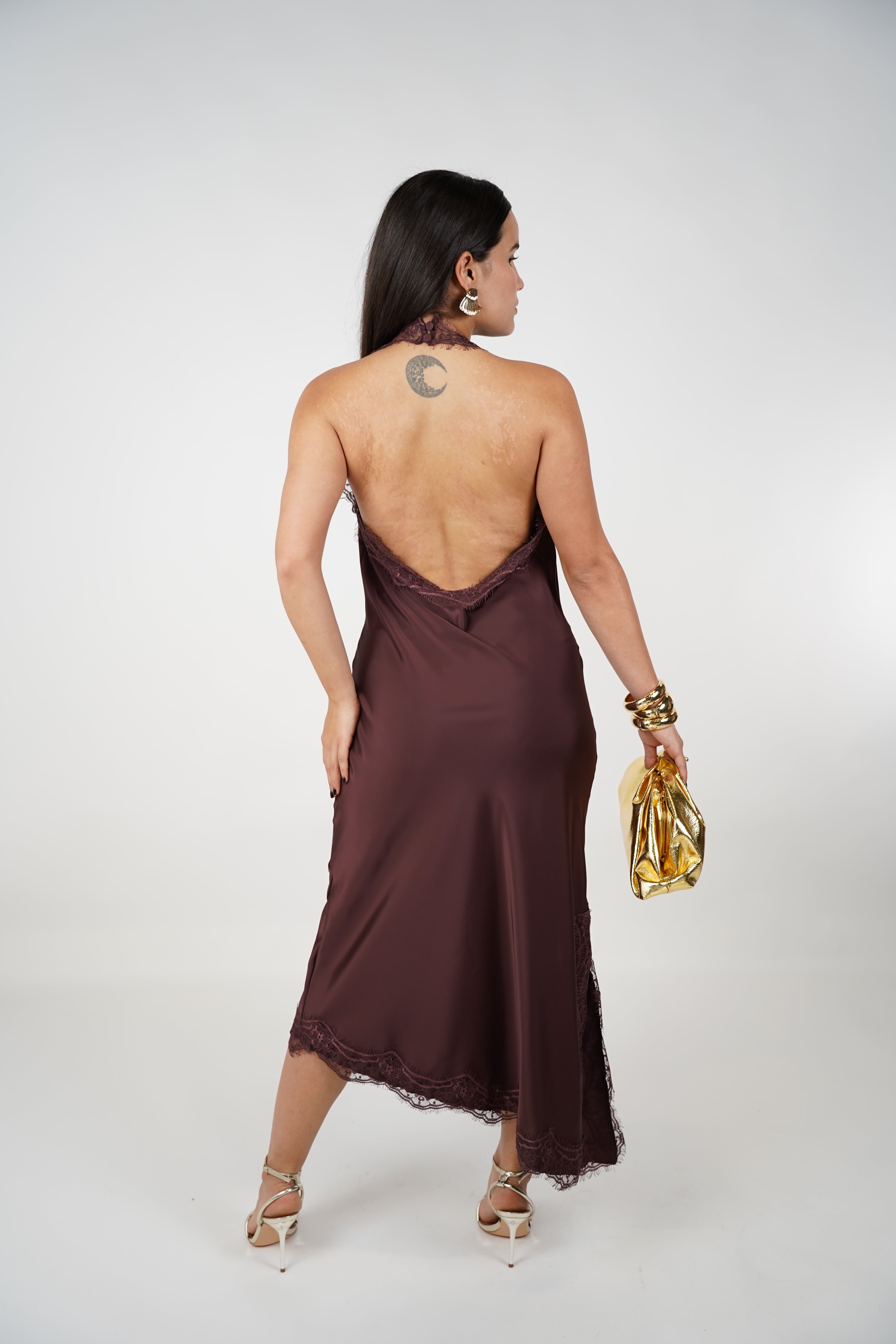 Mariela Satin Lace Dress – Elegant Cowl Neck Maxi