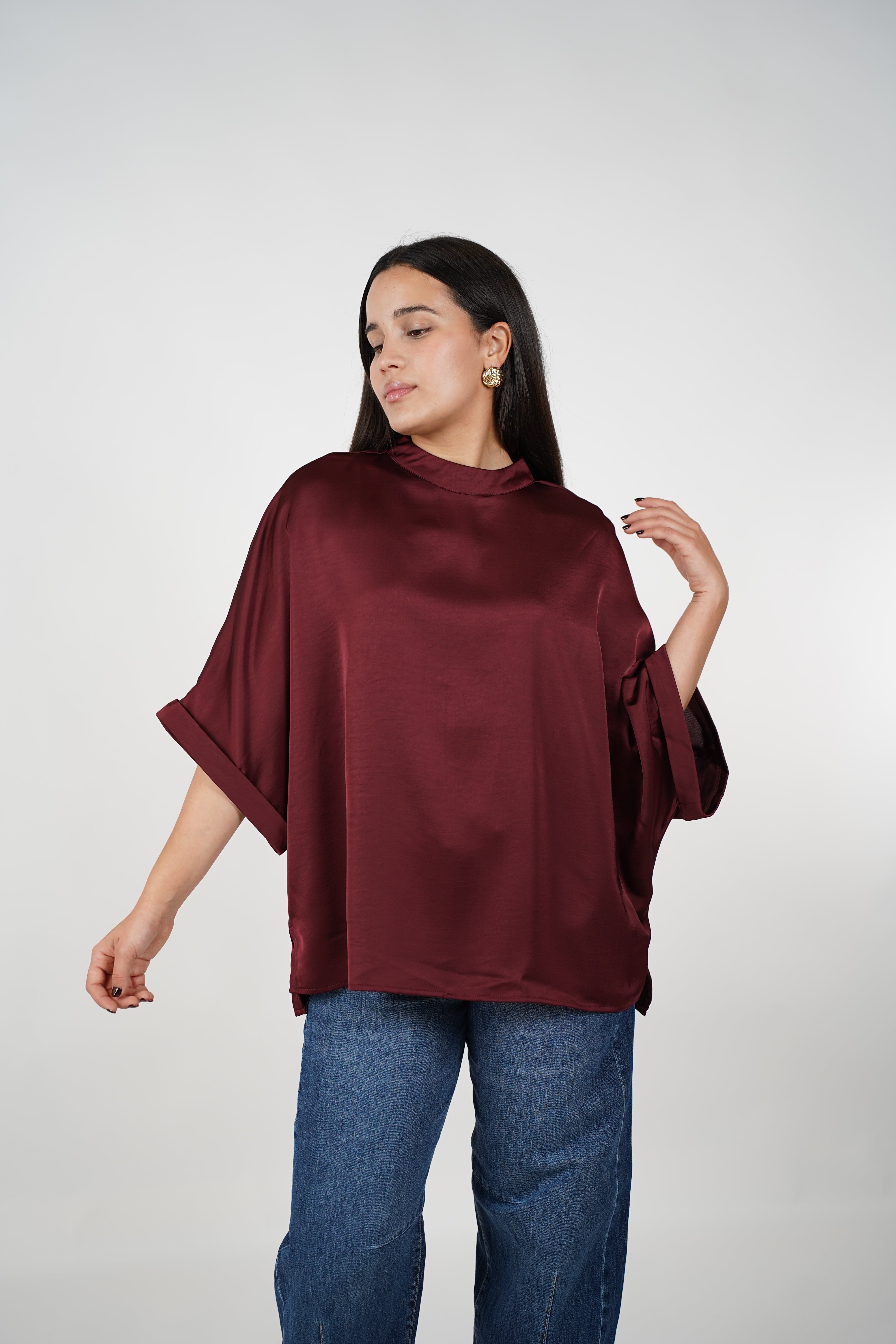 Vexira Oversized Blouse – Effortless Elegance in Luxe Black Satin