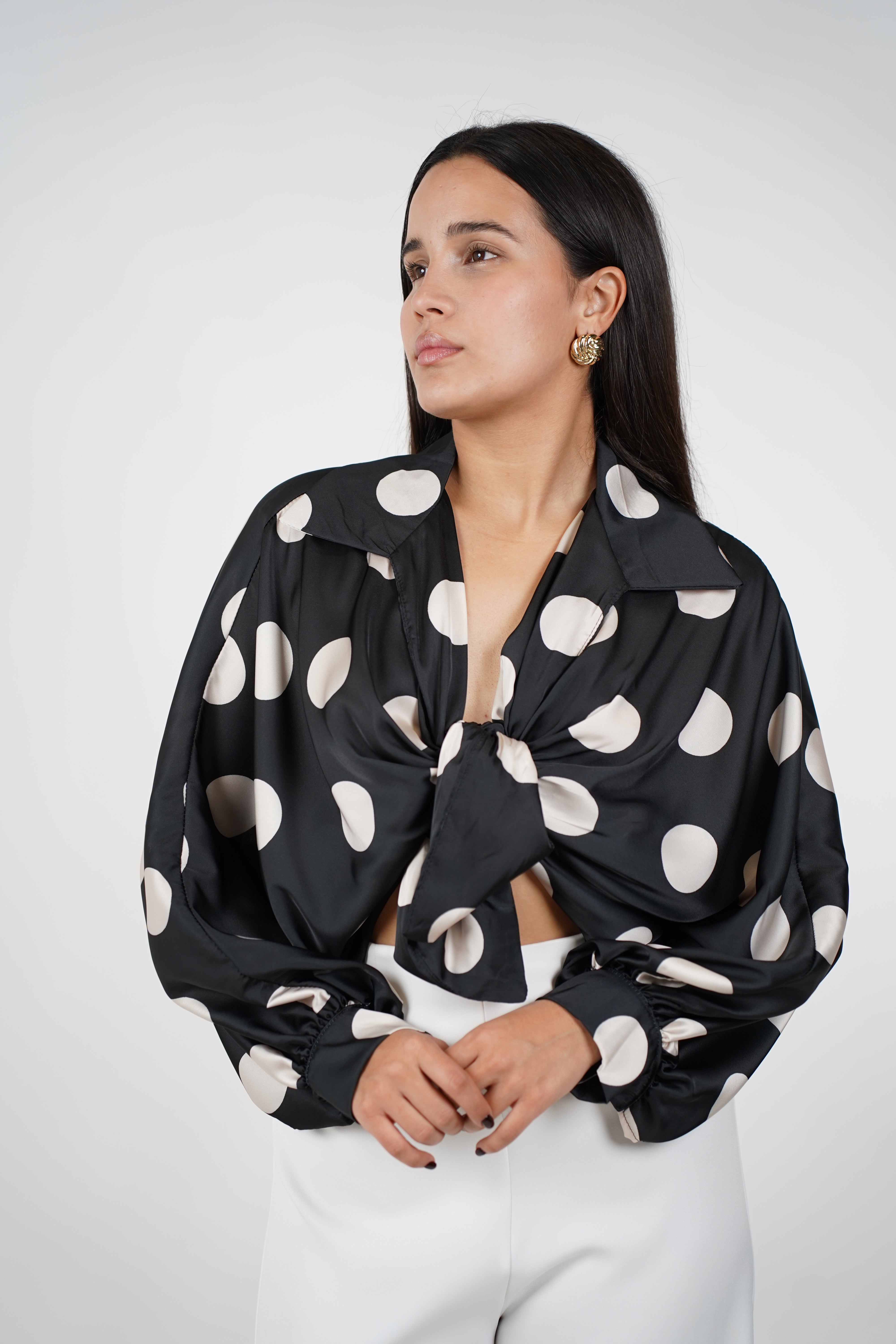 Nolia Polka Dot Silk Blouse – Playful Glam in Satin Finish