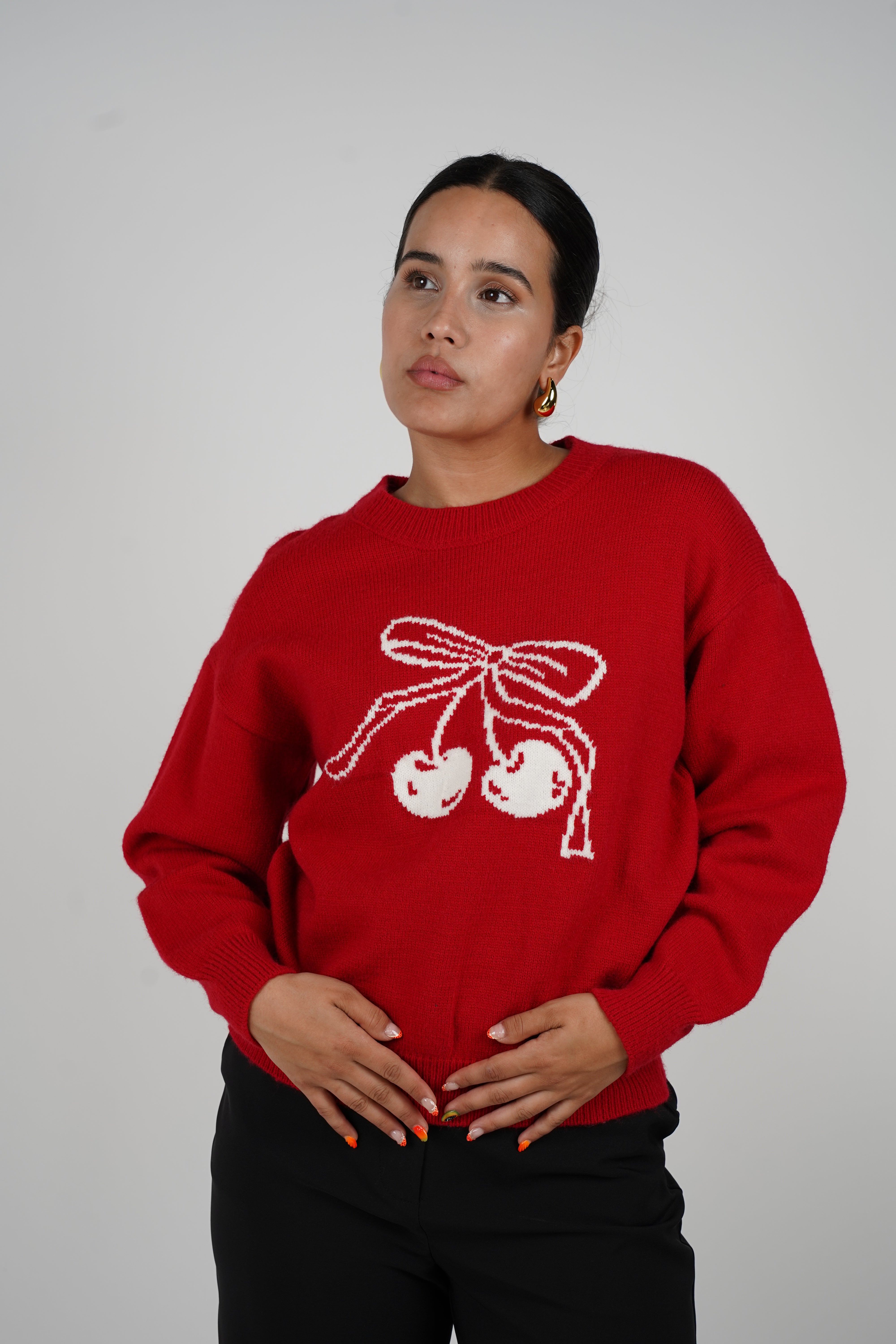 Vanna Sweater – Playful Cherries on Bold Red