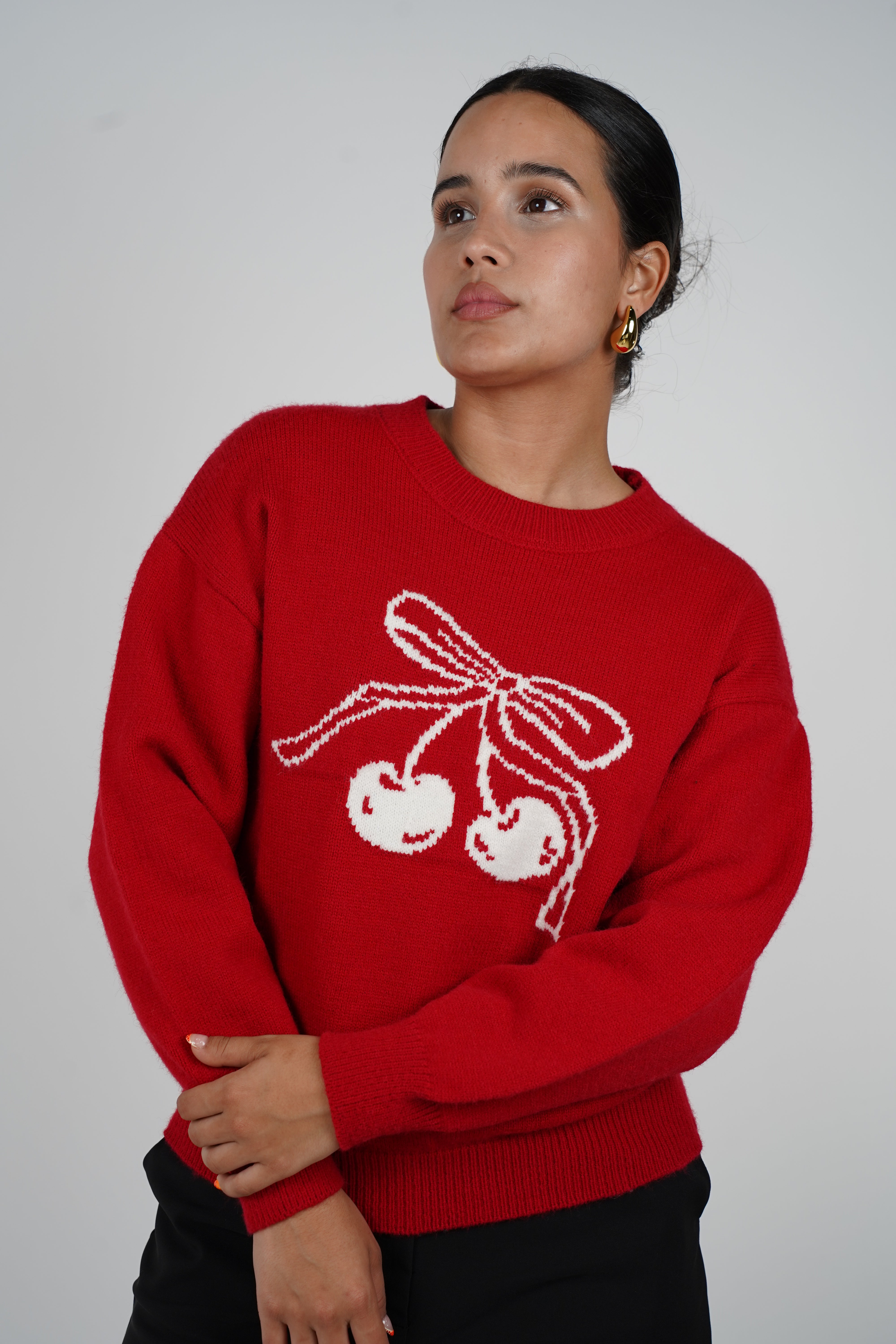 Vanna Sweater – Playful Cherries on Bold Red