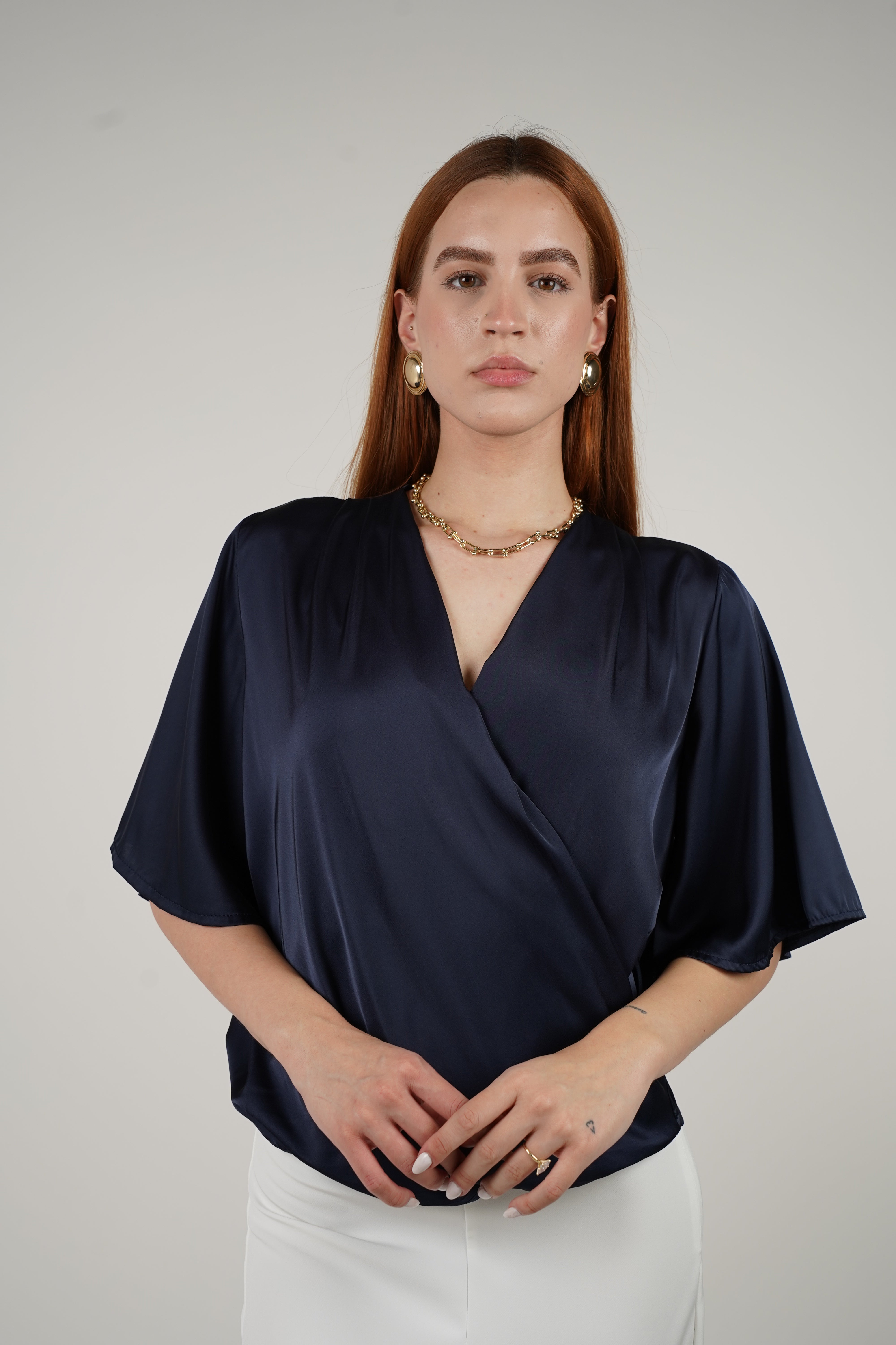 Kirenia Blouse – Elegant Draped Satin-Like Blouse in Black