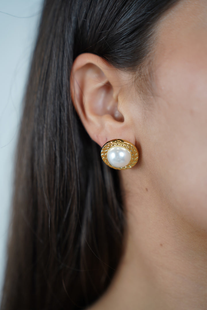 Floria Pearl Stud Earrings – Classic Gold Framed Statement Studs