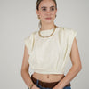 Stephanie Top – Eyelet Shoulder Pad Blouse in Cream, Navy, and Light Blue