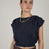 Stephanie Top – Eyelet Shoulder Pad Blouse in Cream, Navy, and Light Blue