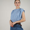 Stephanie Top – Eyelet Shoulder Pad Blouse in Cream, Navy, and Light Blue