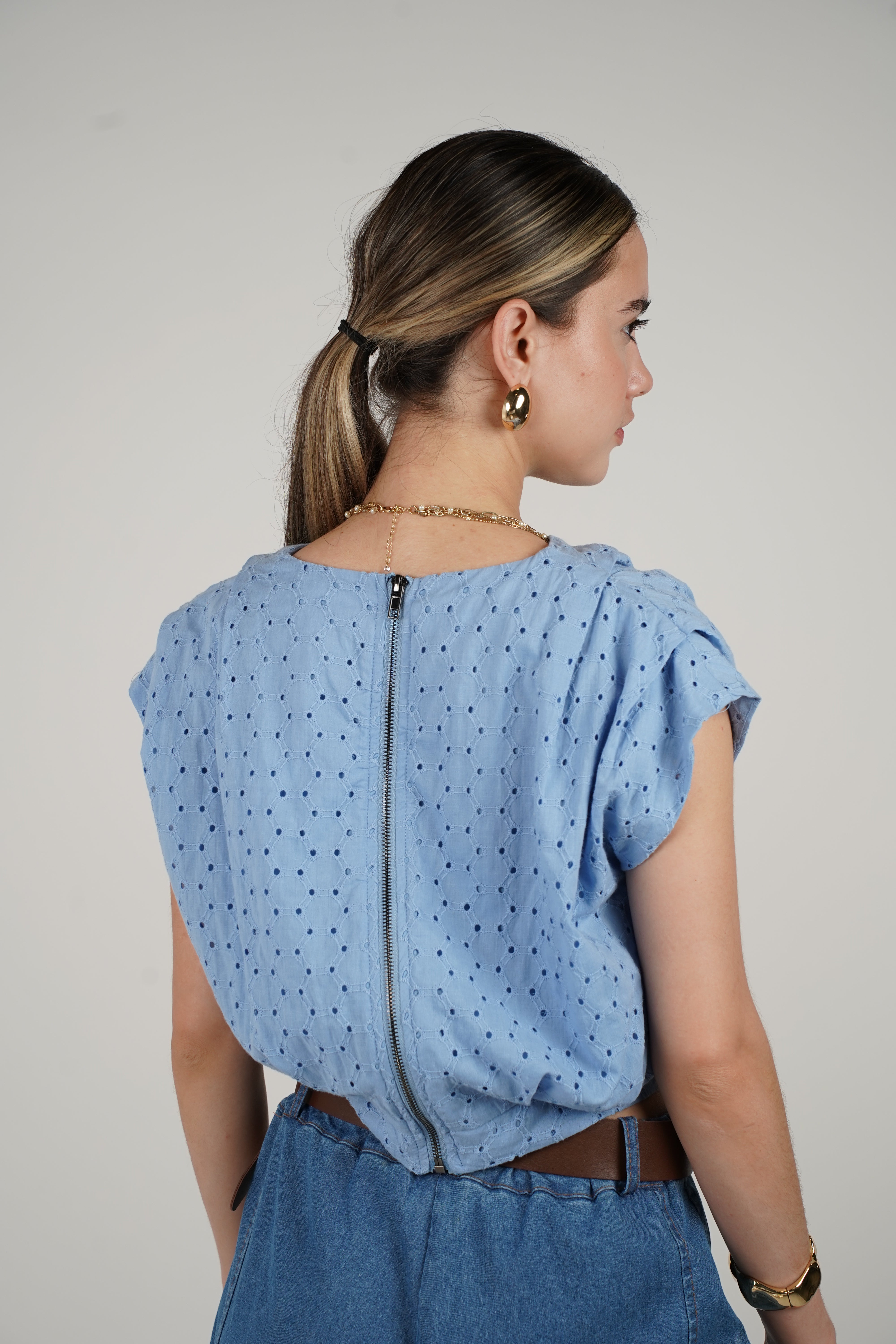 Stephanie Top – Eyelet Shoulder Pad Blouse in Cream, Navy, and Light Blue