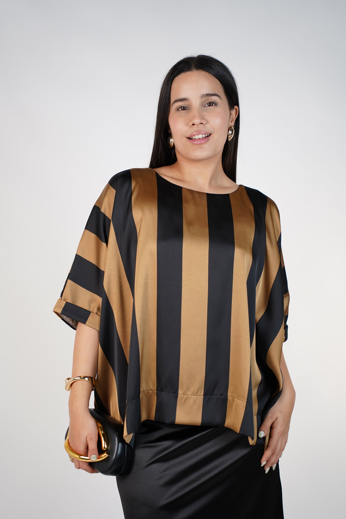 Moniva Striped Blouse – Satin Statement Top with Bold Vertical Contrast
