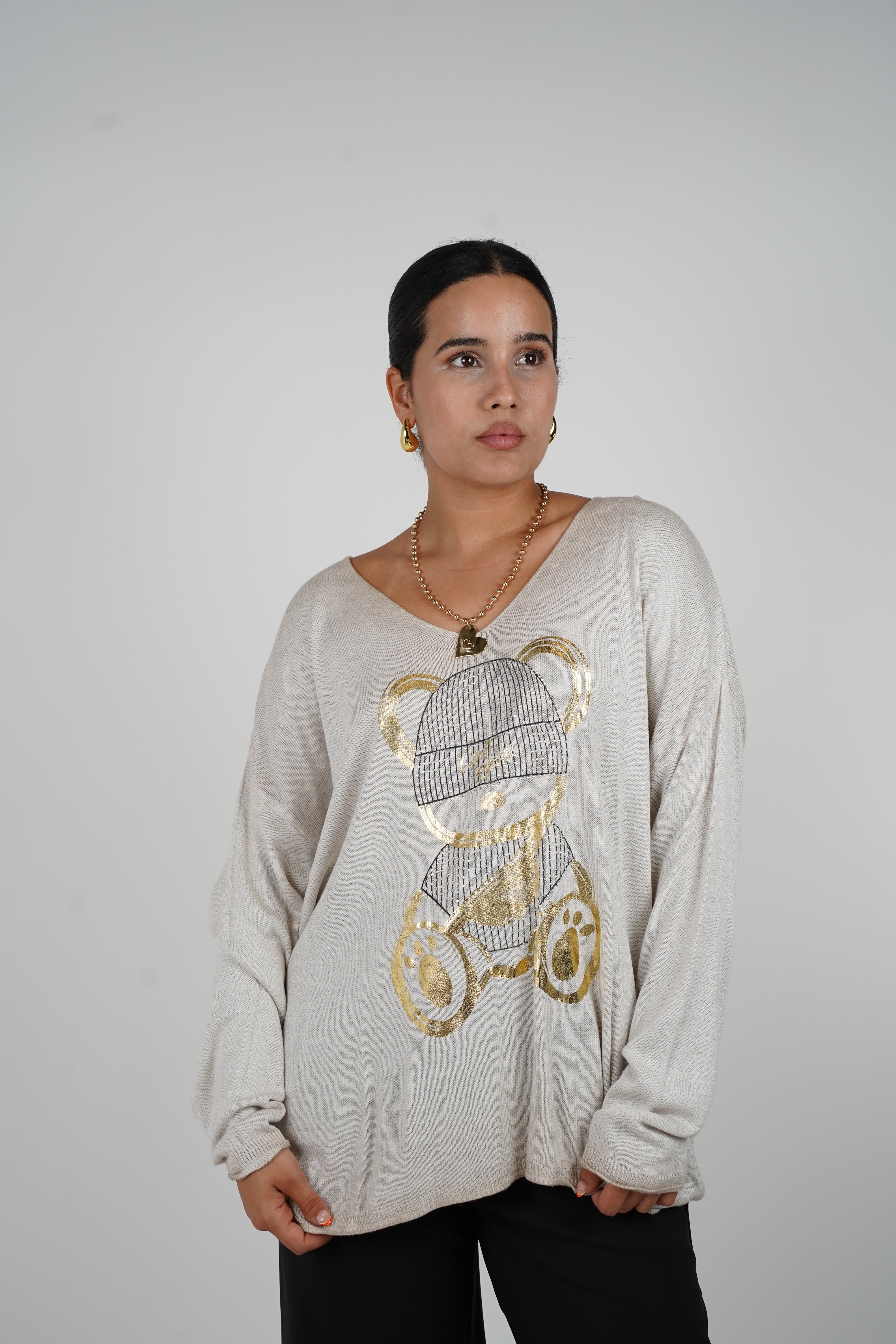 Gracie Bear Sweater – Cozy Meets Cute in Metallic Gold