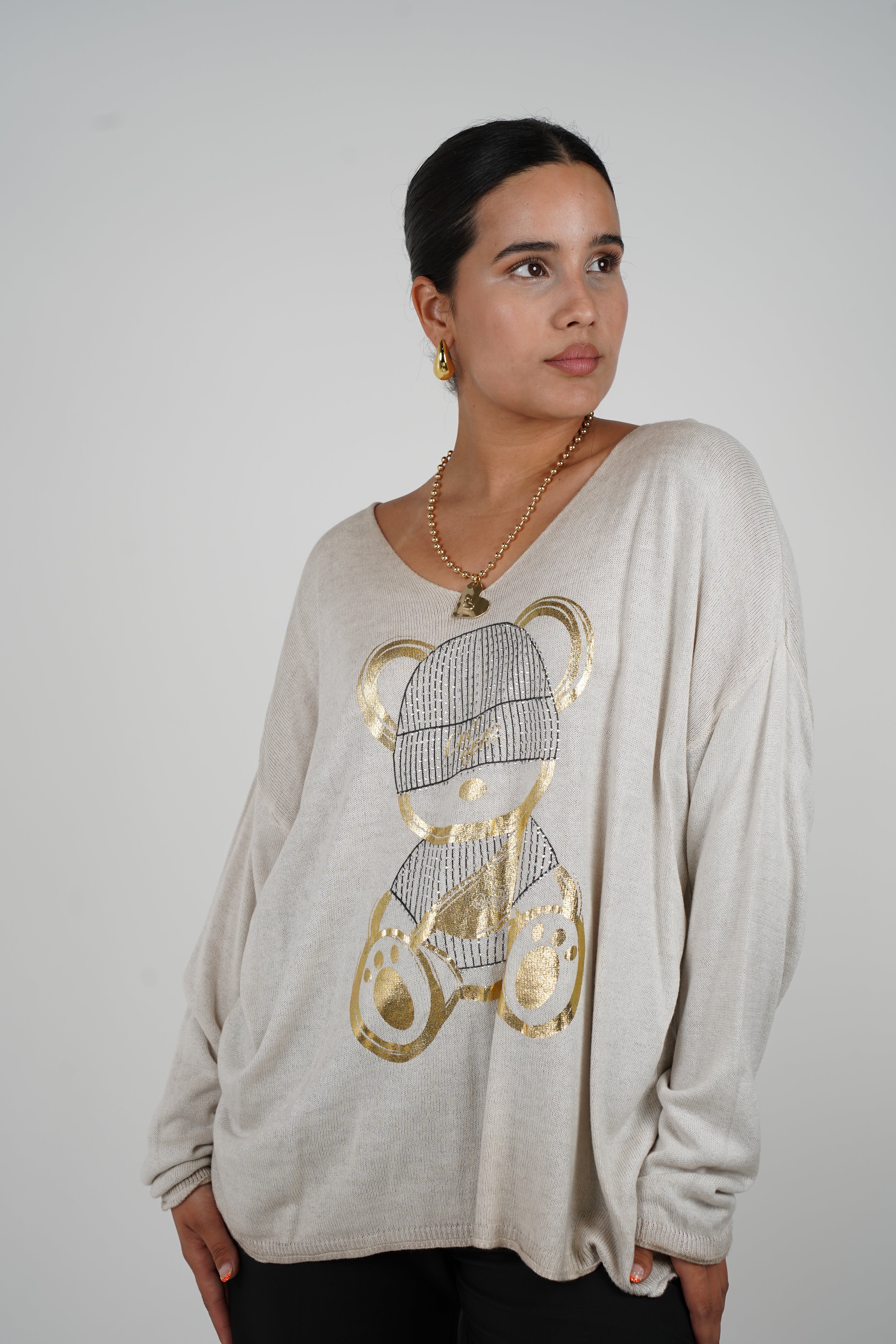 Gracie Bear Sweater – Cozy Meets Cute in Metallic Gold