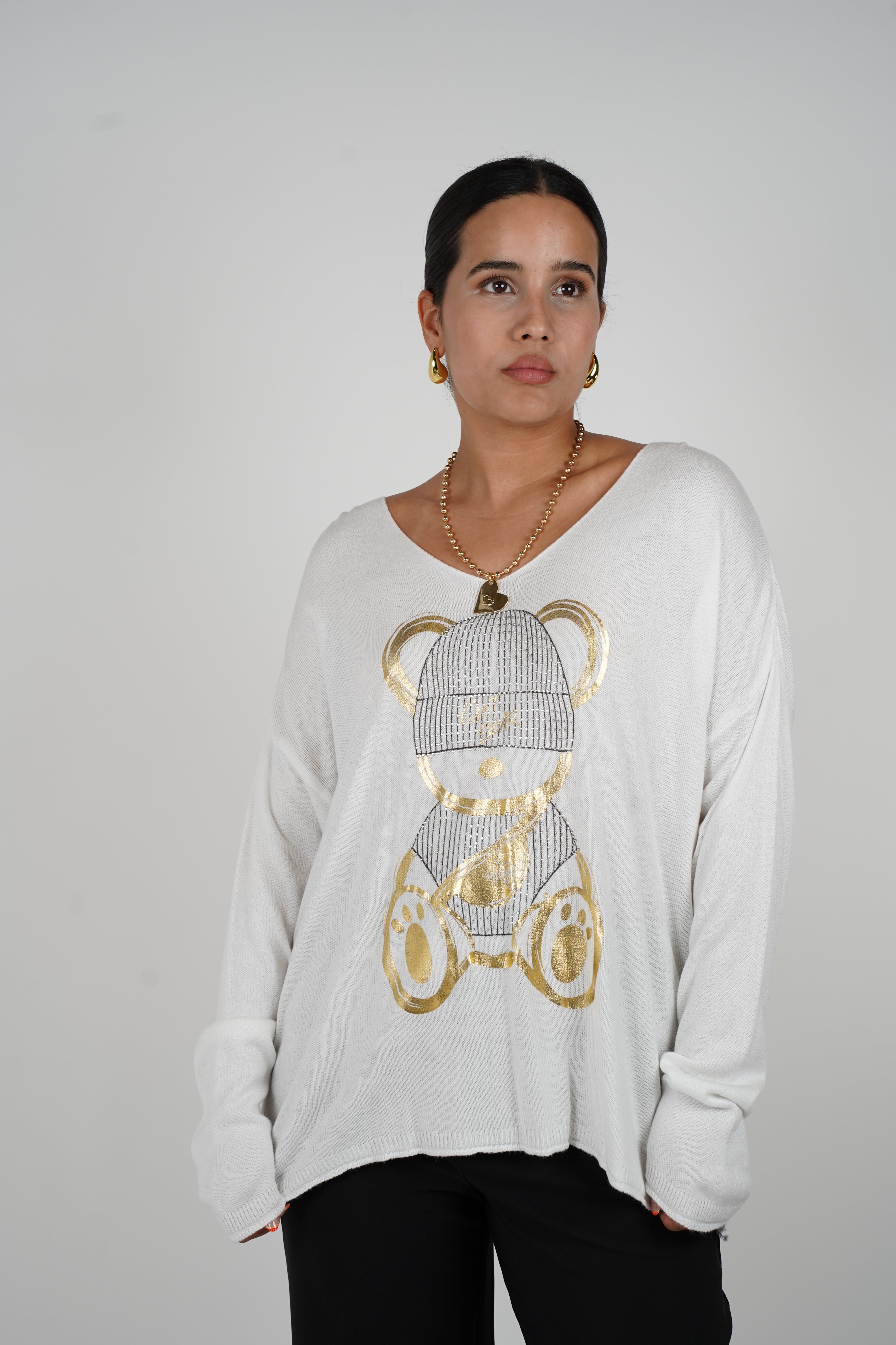 Gracie Bear Sweater – Cozy Meets Cute in Metallic Gold