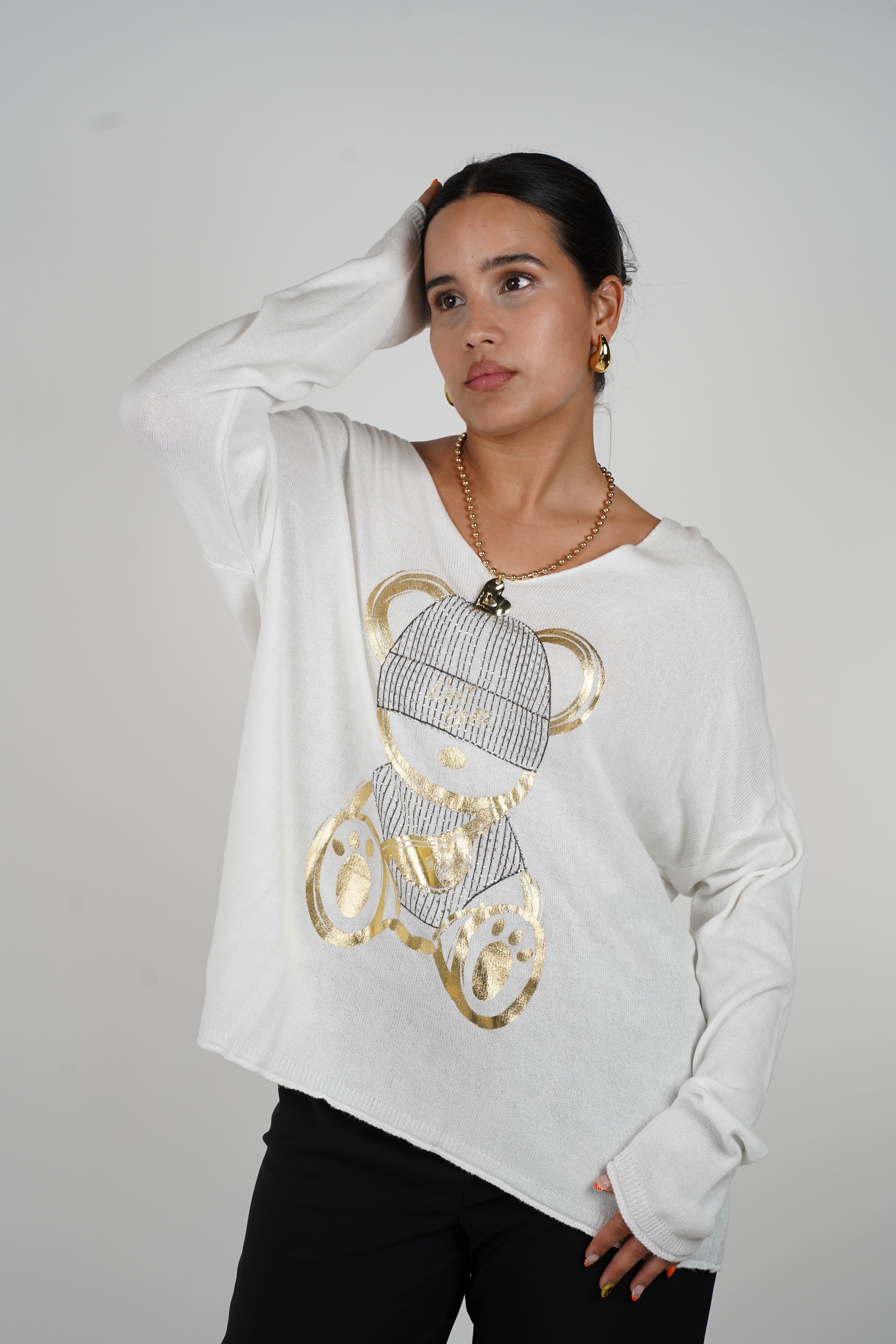 Gracie Bear Sweater – Cozy Meets Cute in Metallic Gold