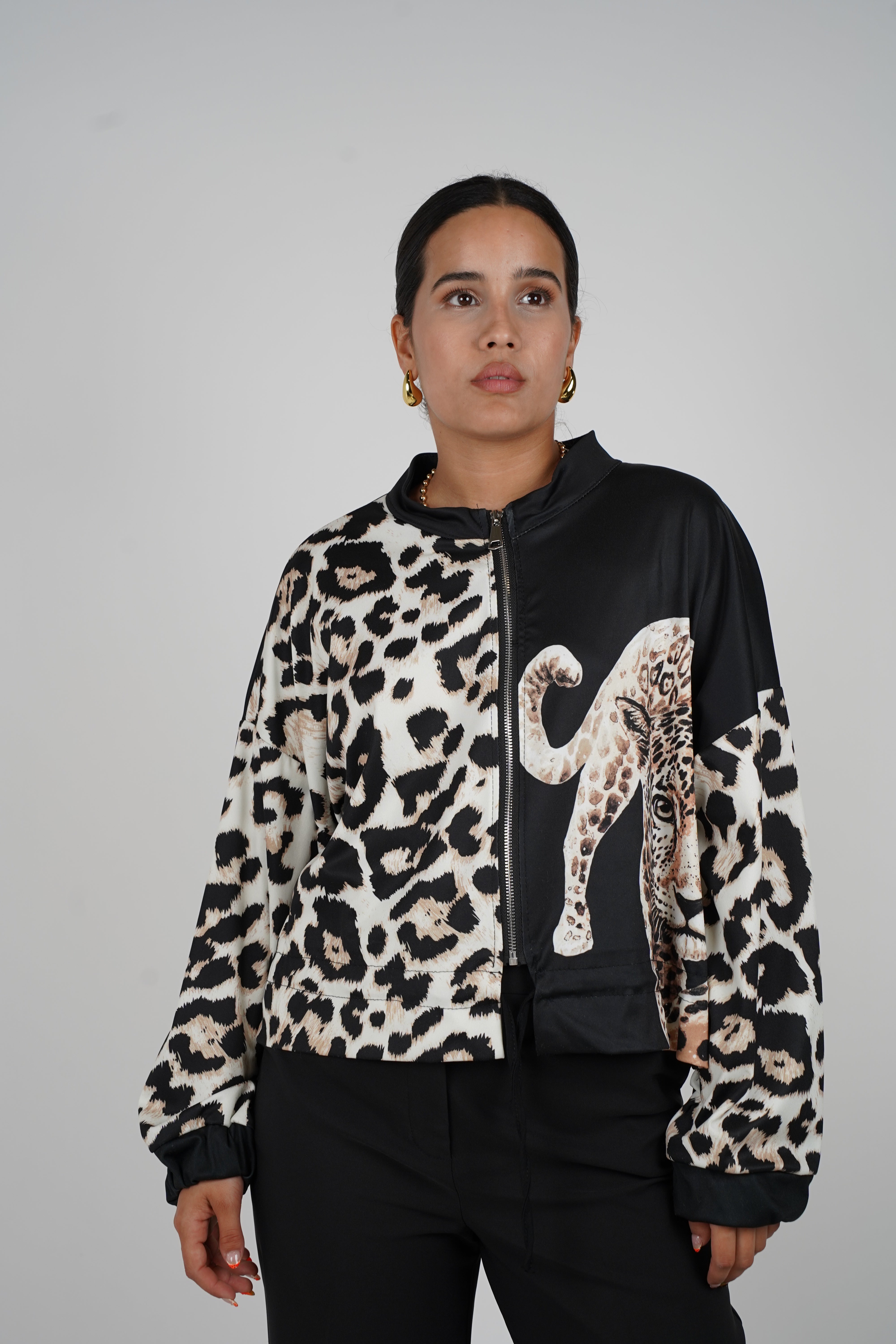 Calista Jacket – Satin Leopard Zip-Up with Bold Panther Graphic