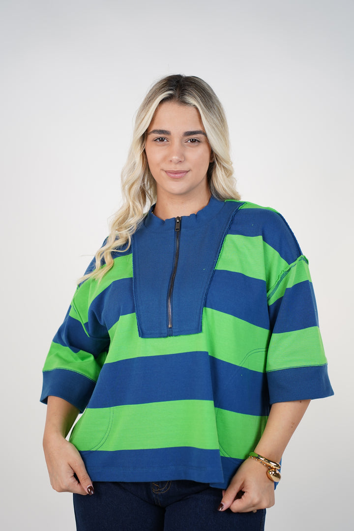 Elarosy Stripped Sweater – Half-Zip Relaxed Knit with Bold Color Blocking