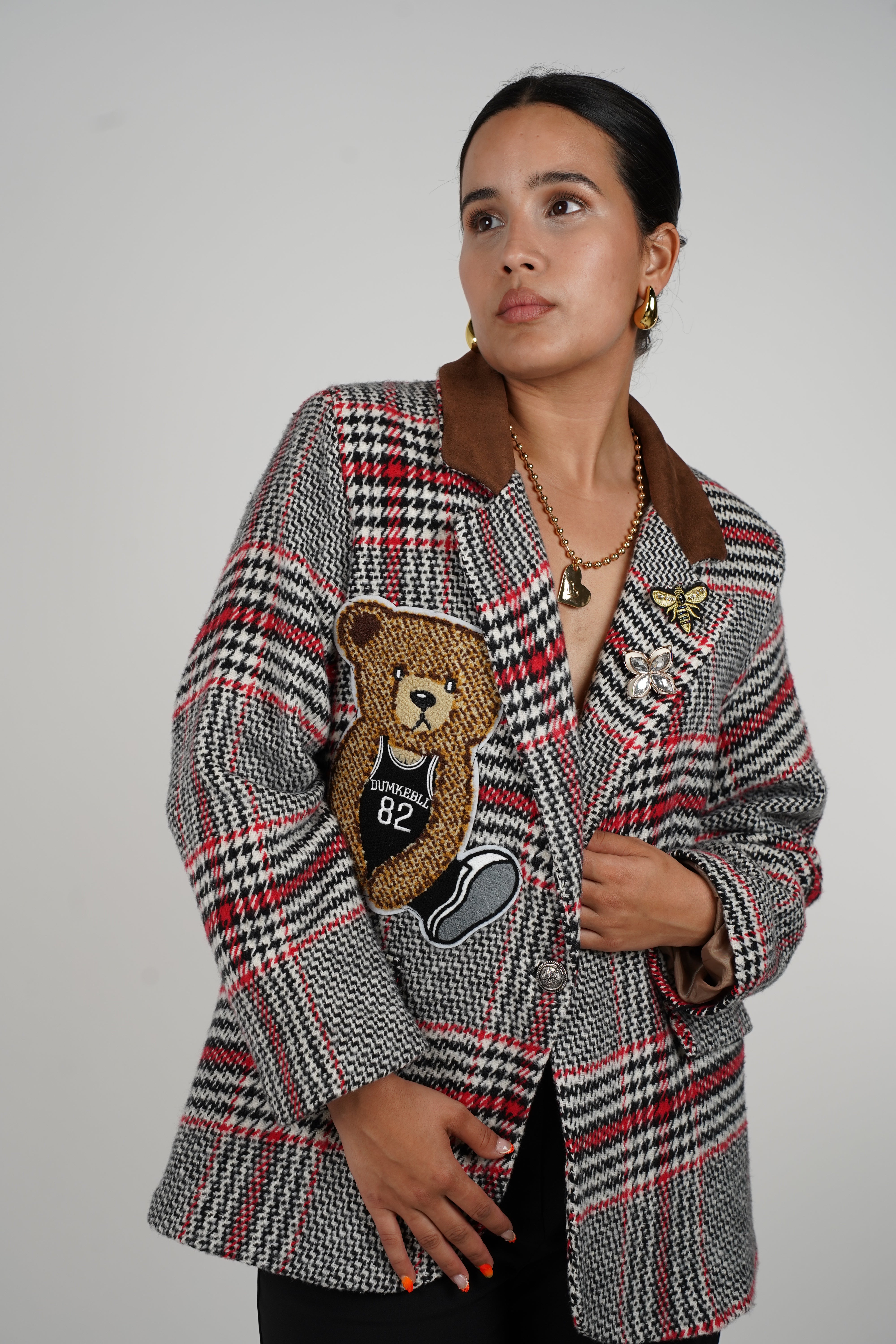Plaid Bear Blazer – Statement Plaid Jacket with Bear & Bee Embroidery