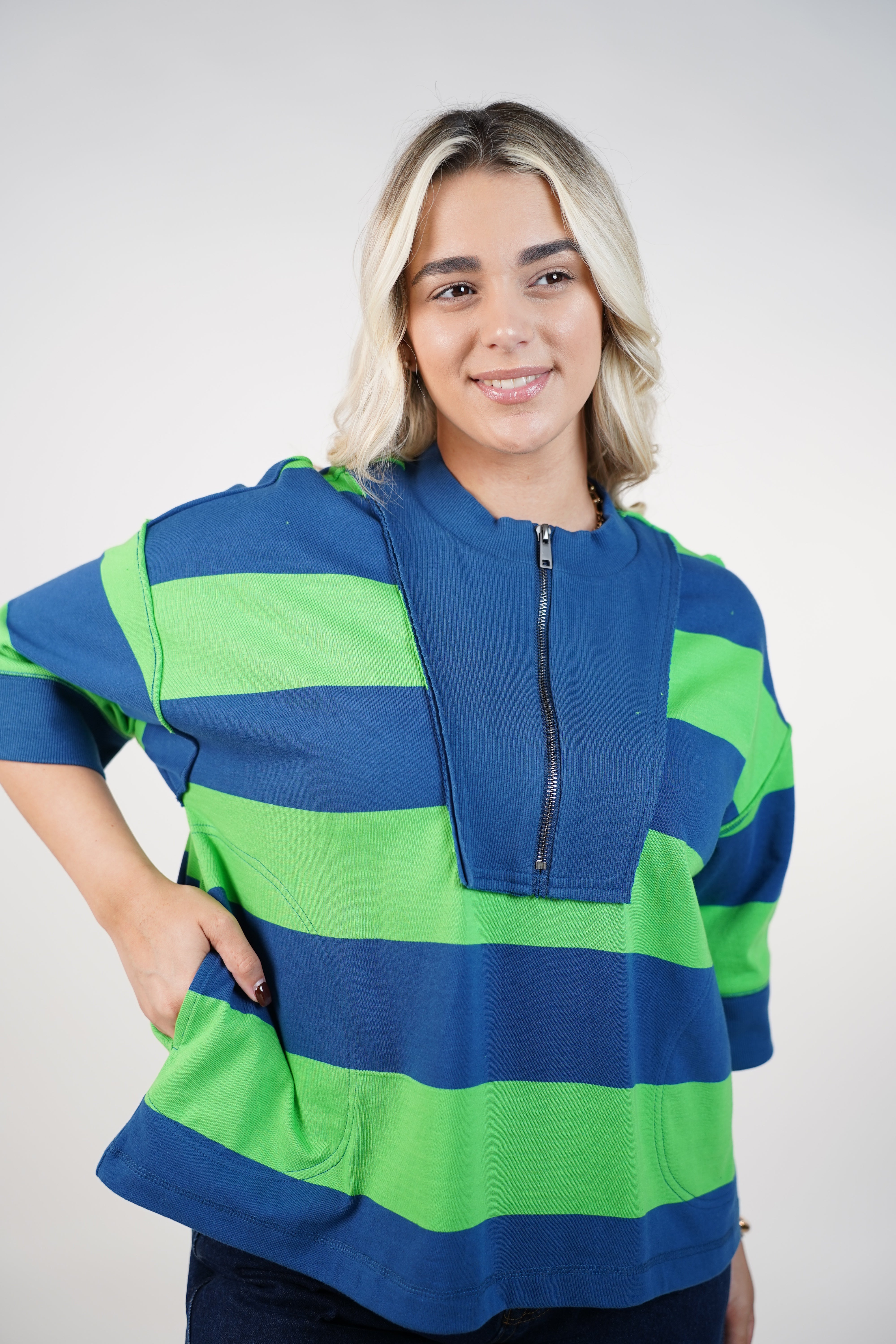 Elarosy Stripped Sweater – Half-Zip Relaxed Knit with Bold Color Blocking