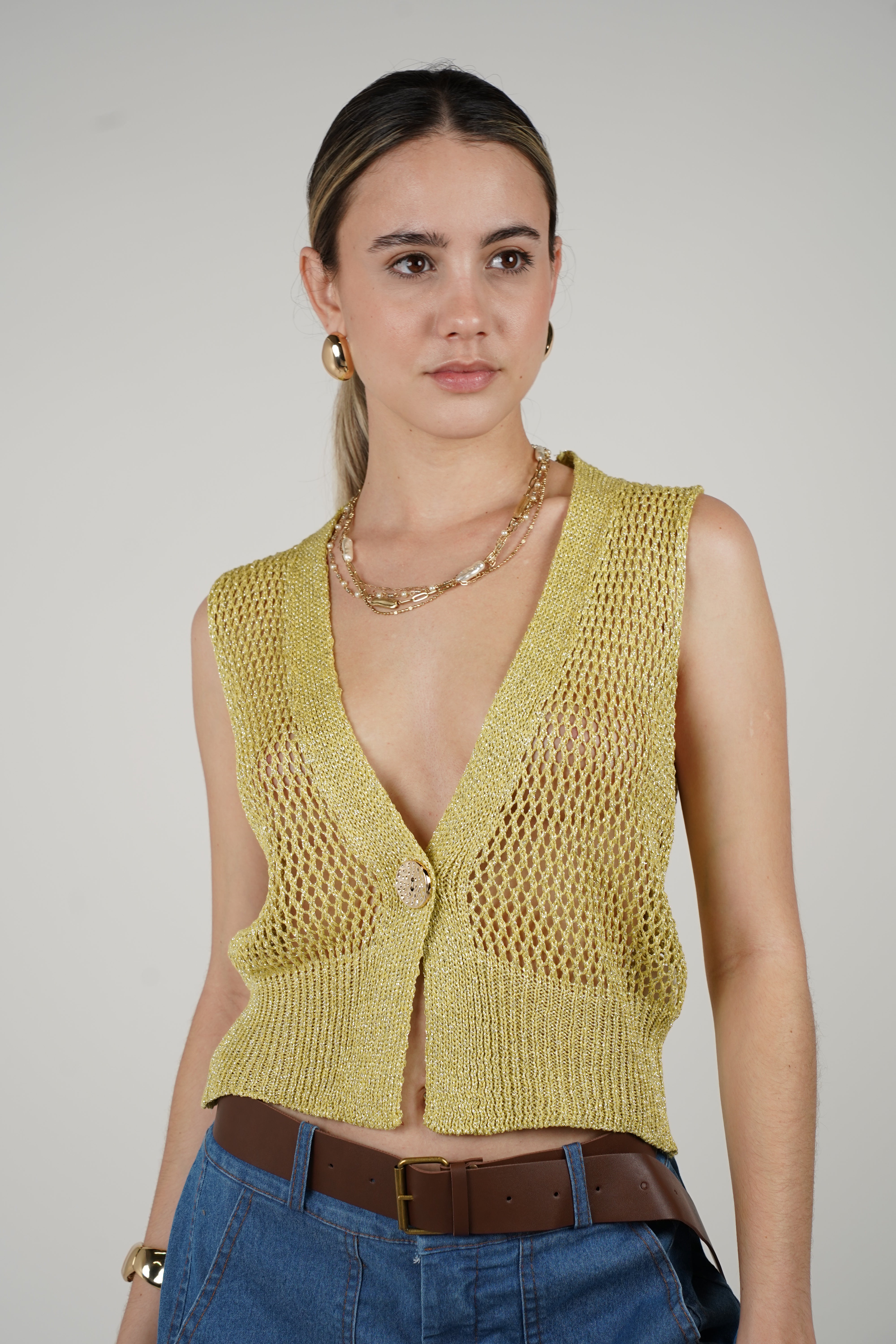 Lurex Vest Metallic Knit Vest – Open Weave Sleeveless Button-Down