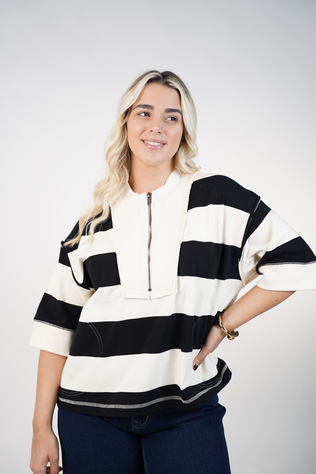 Elarosy Stripped Sweater – Half-Zip Relaxed Knit with Bold Color Blocking