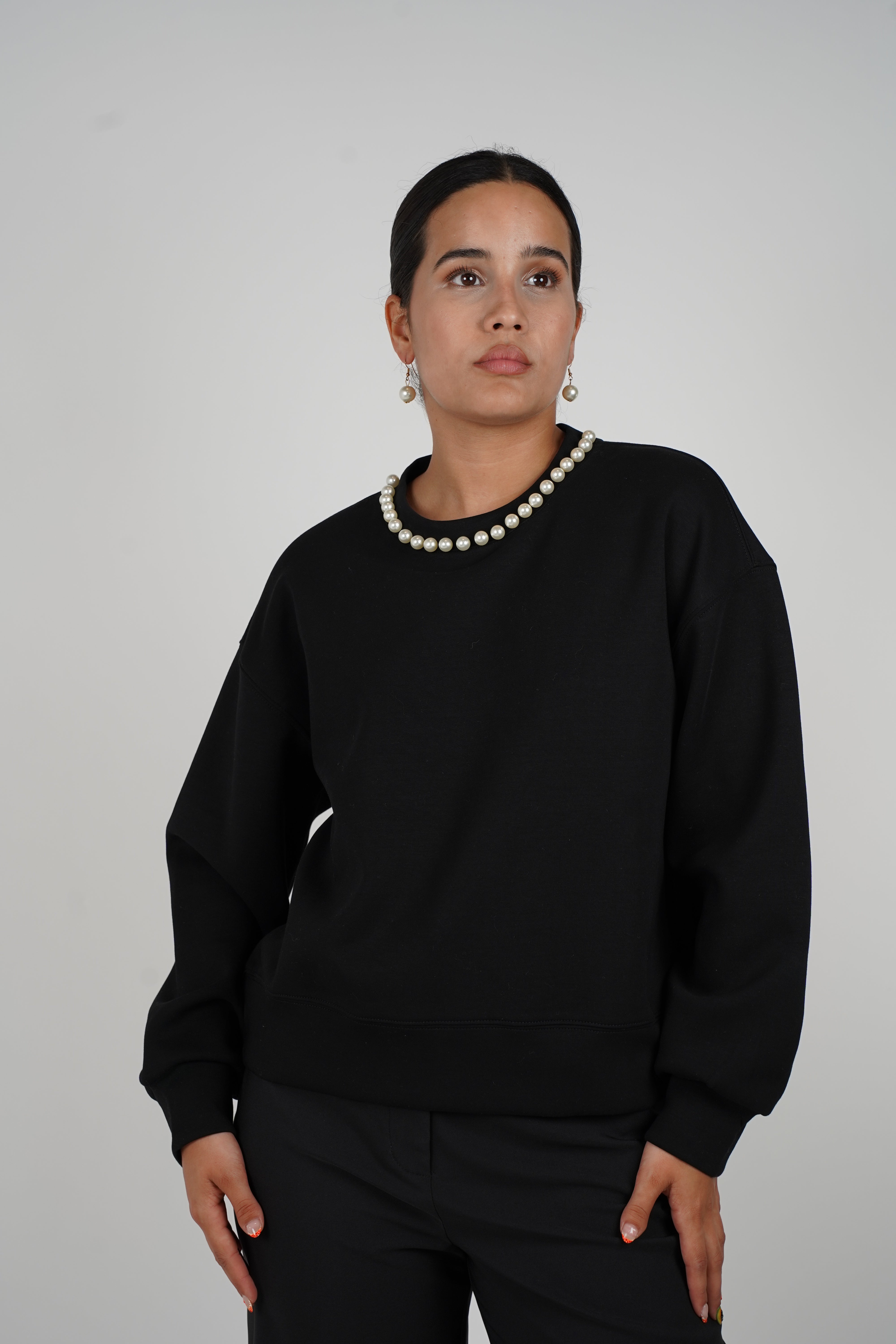 Alani Pearl Sweater – Black Pullover with Pearl Neckline