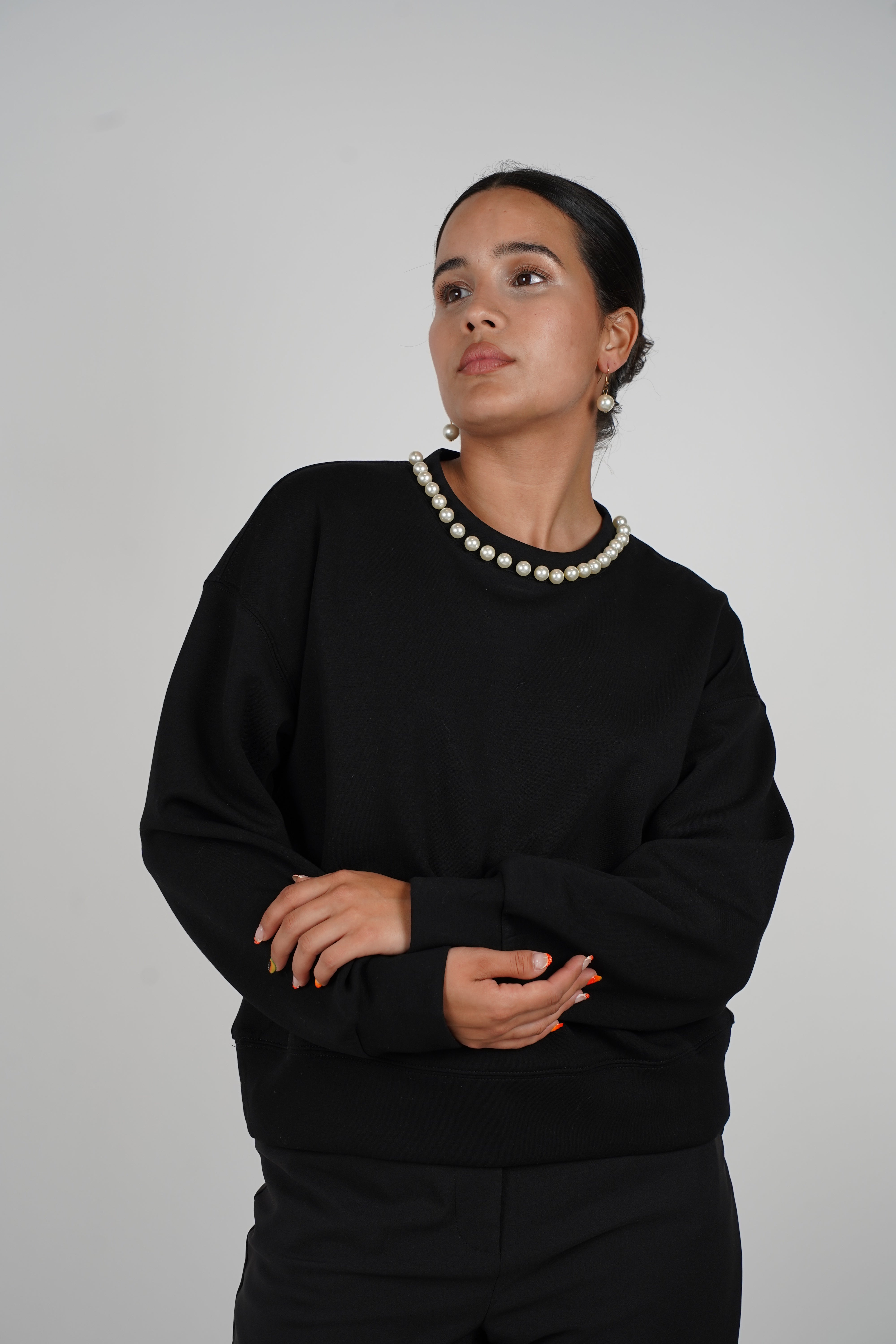 Alani Pearl Sweater – Black Pullover with Pearl Neckline
