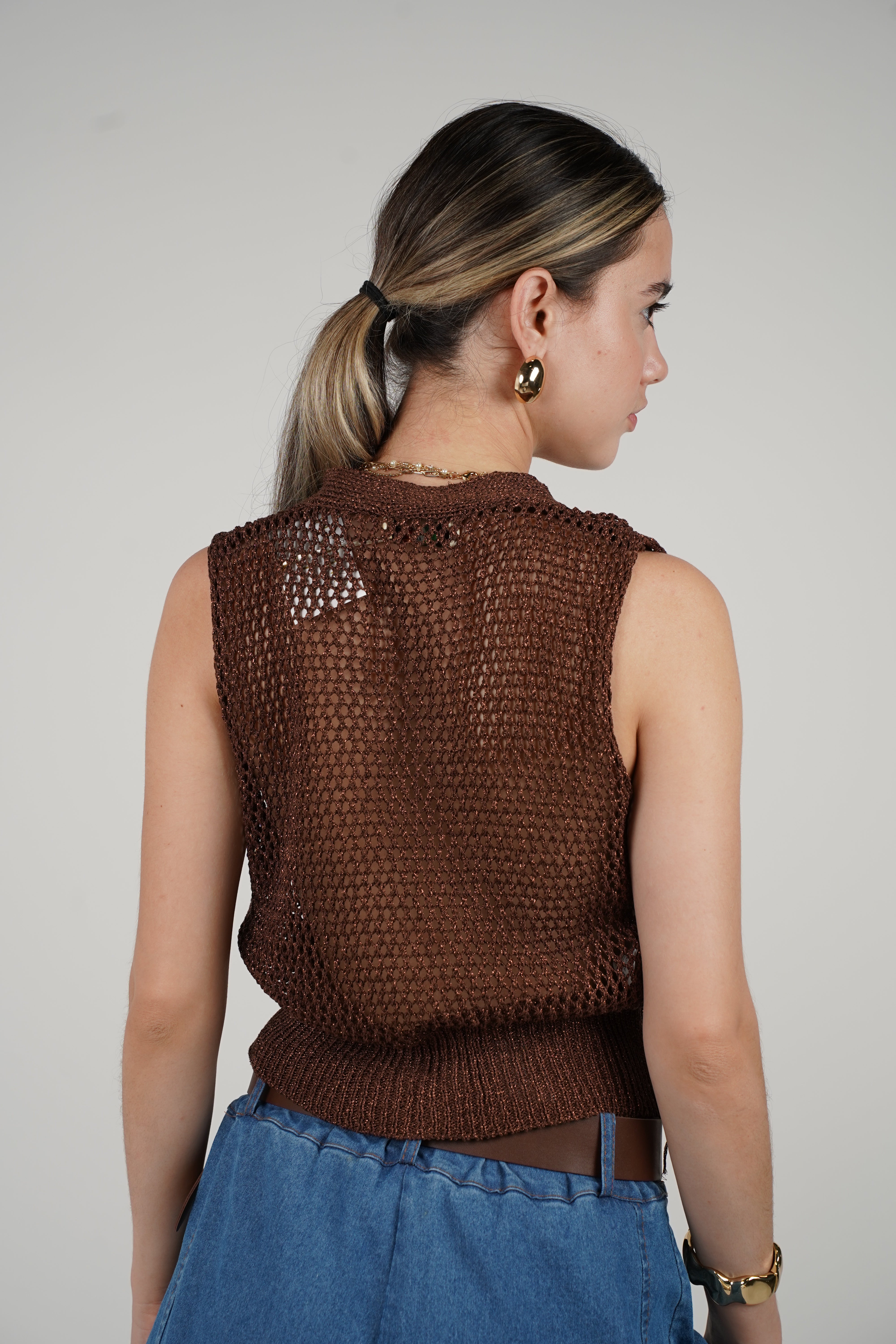 Lurex Vest Metallic Knit Vest – Open Weave Sleeveless Button-Down