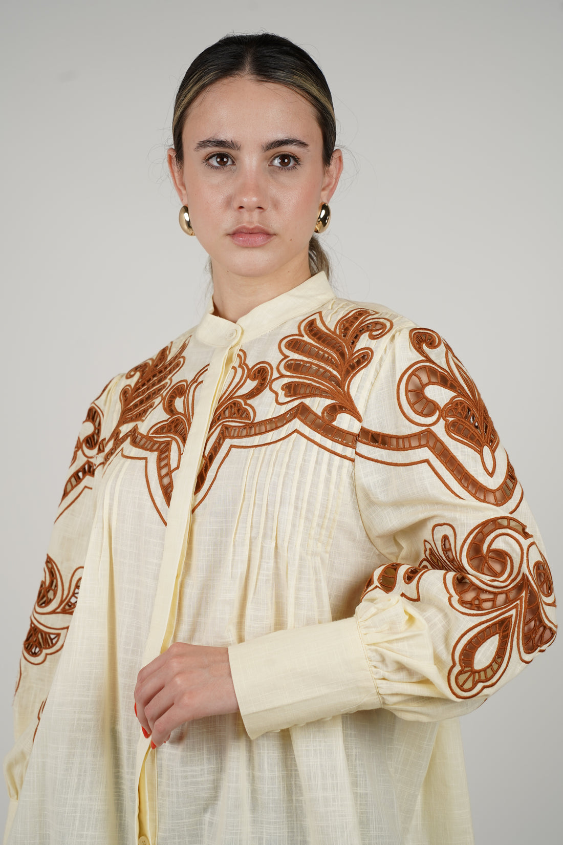 Bliss Golden Embroidered Sheer Blouse – Vintage-Inspired Detailing with Modern Elegance