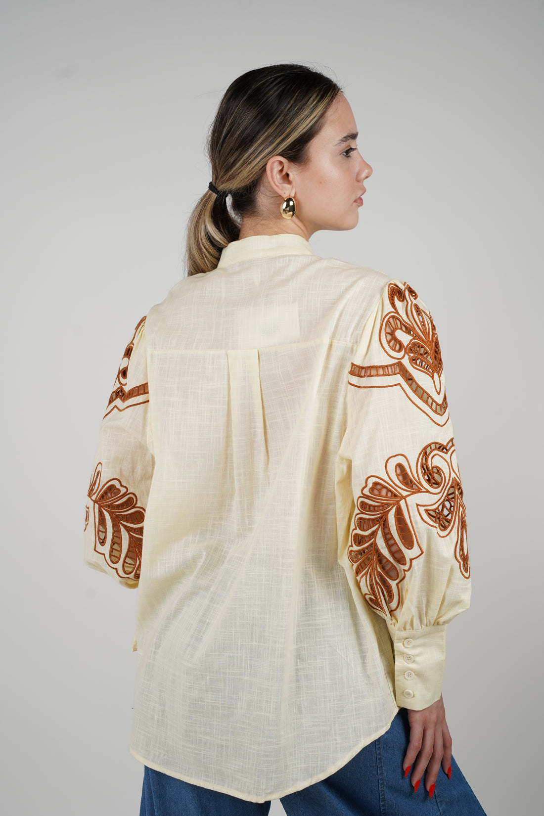 Bliss Golden Embroidered Sheer Blouse – Vintage-Inspired Detailing with Modern Elegance
