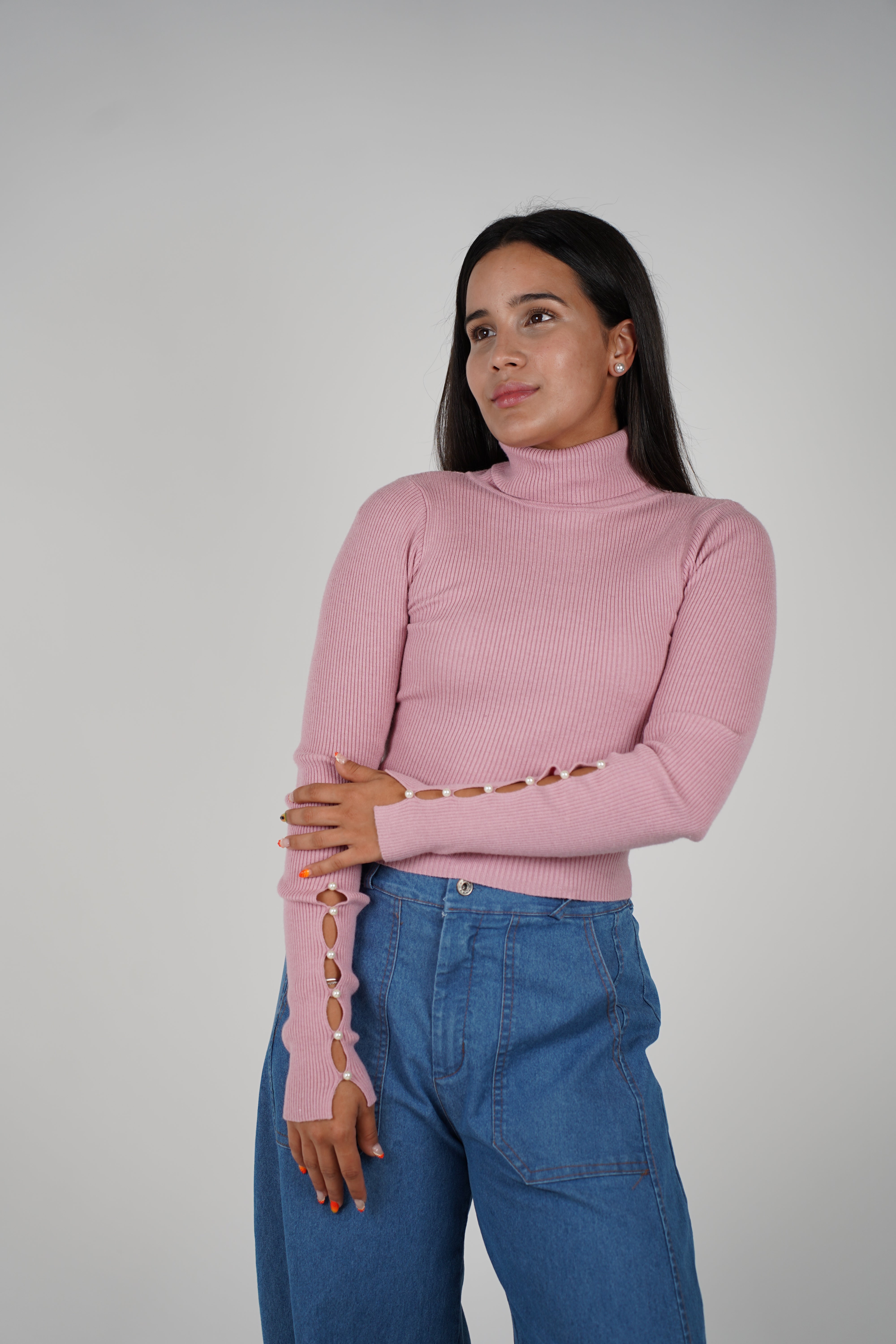 Pinkey Long Sleeve – Ribbed Turtleneck with Pearl Sleeve Detail