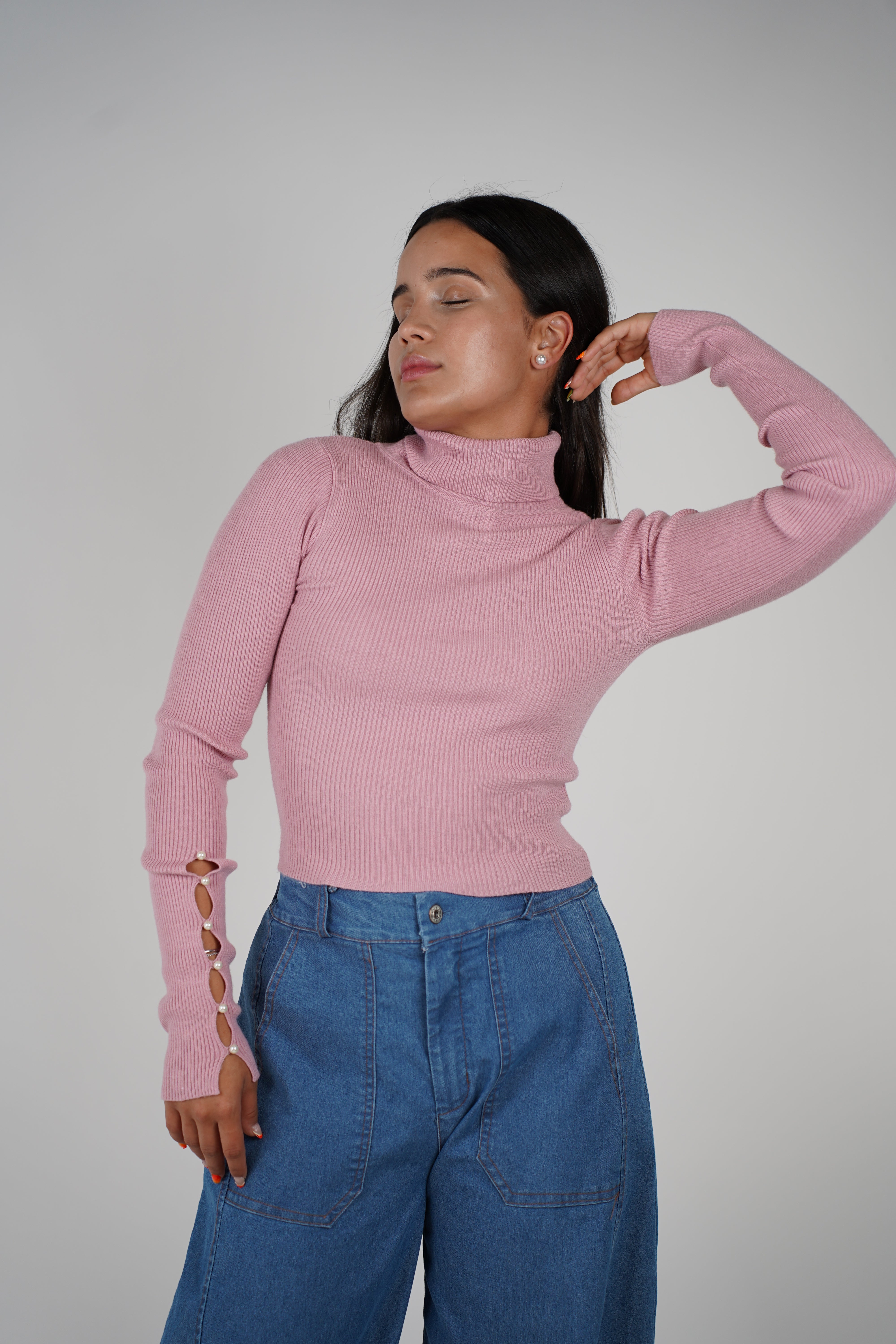 Pinkey Long Sleeve – Ribbed Turtleneck with Pearl Sleeve Detail