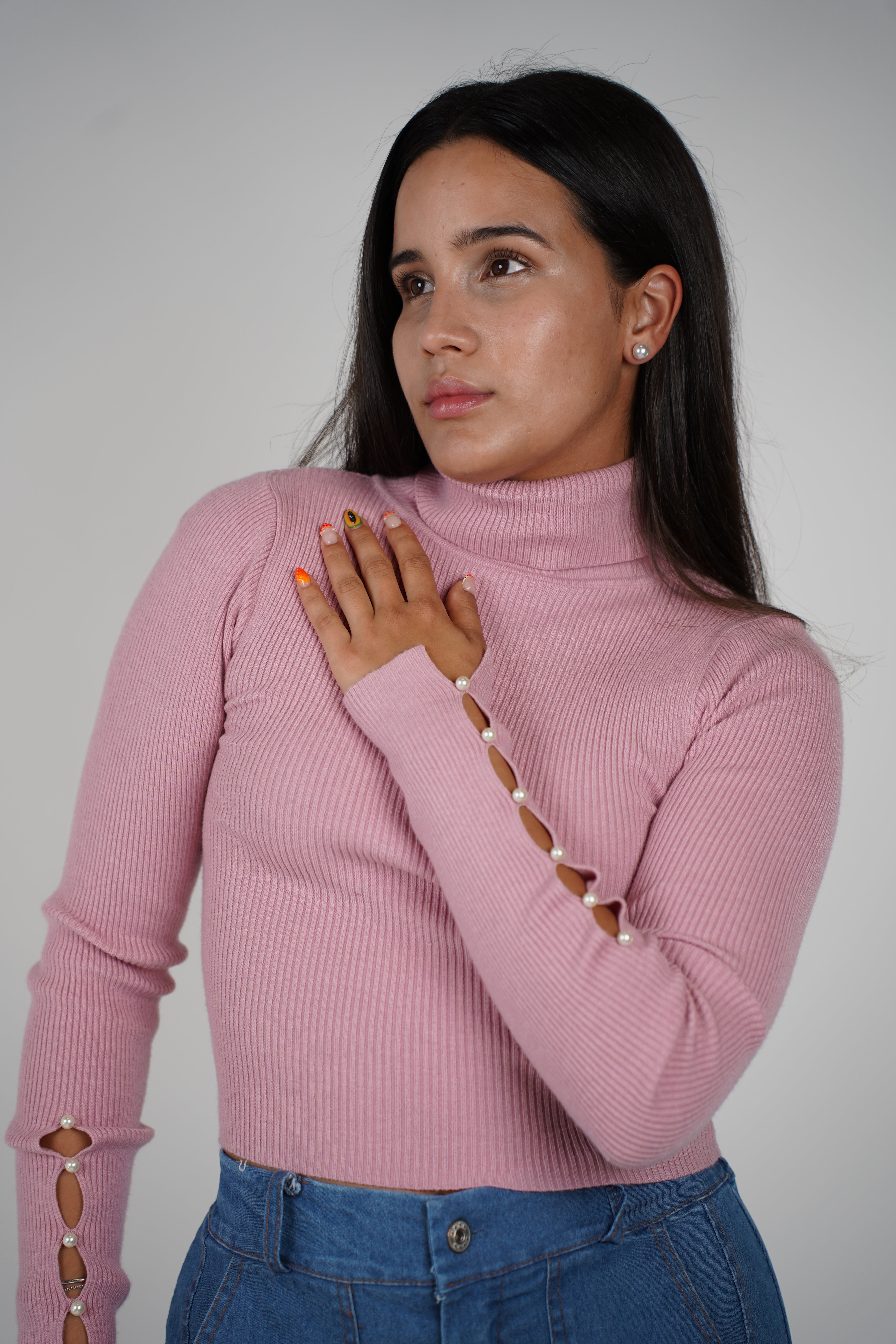 Pinkey Long Sleeve – Ribbed Turtleneck with Pearl Sleeve Detail