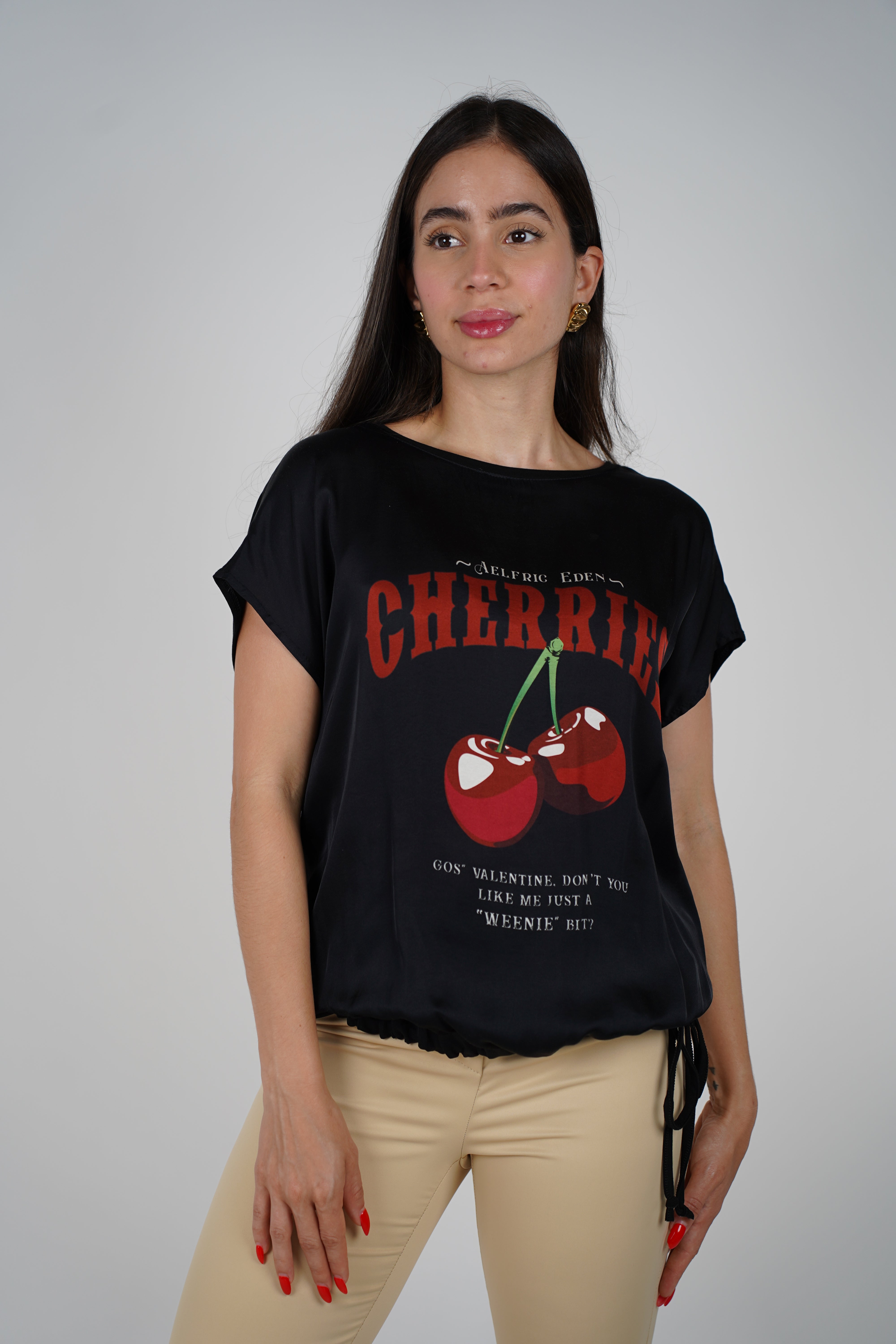 Italy Cherry Top – Satin Graphic Blouse with Drawstring Hem