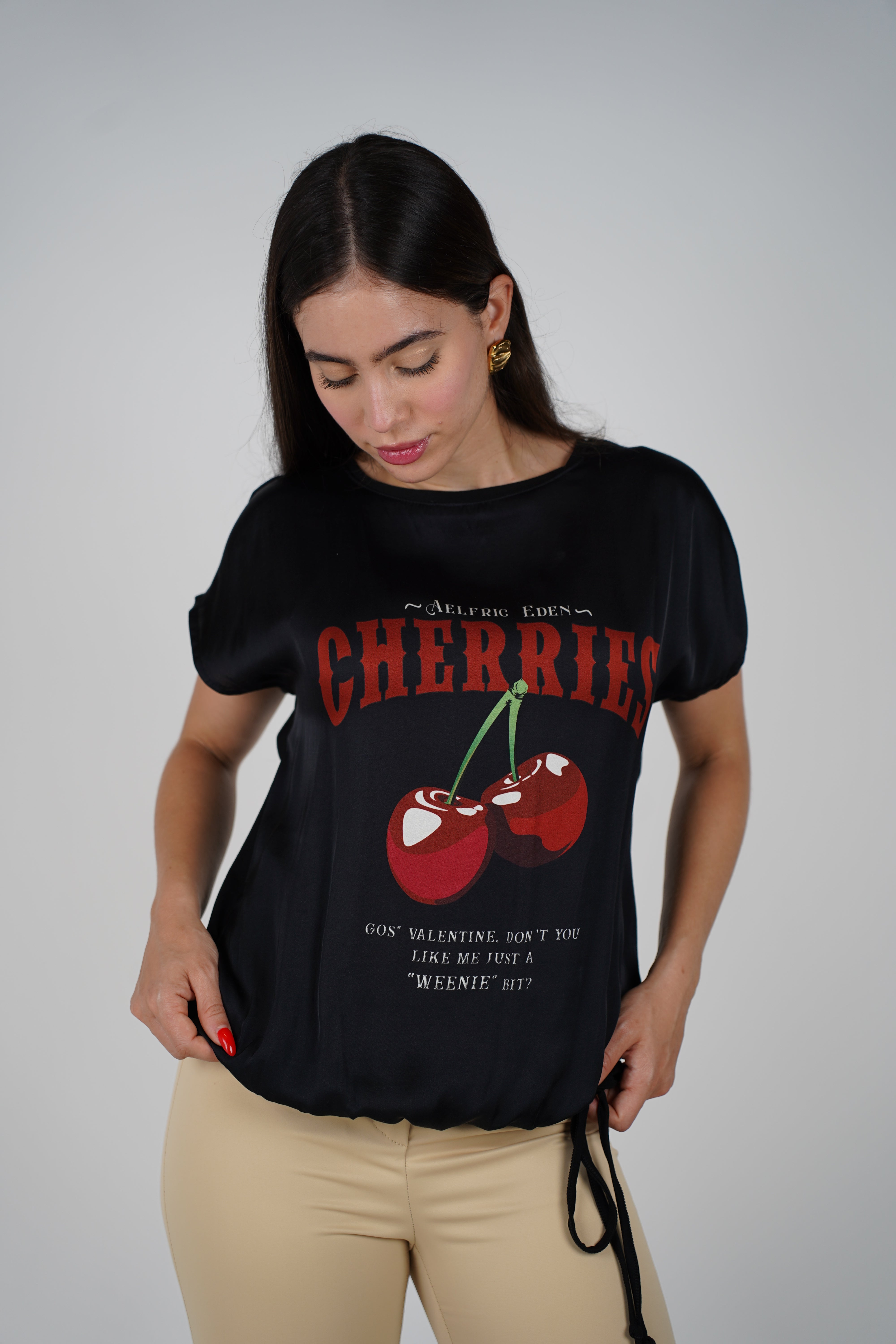 Italy Cherry Top – Satin Graphic Blouse with Drawstring Hem