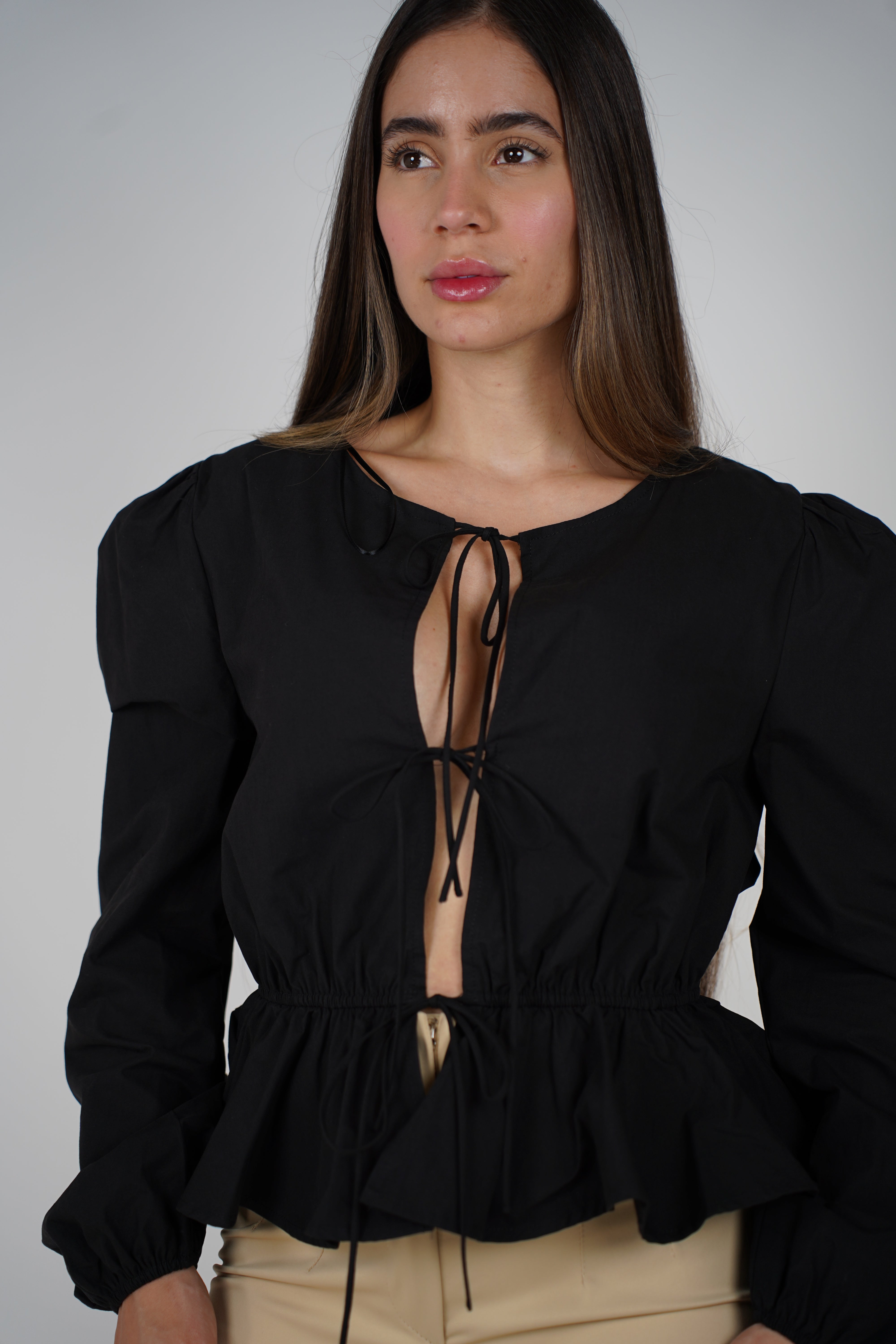 Victoria Top – Elegant Black Tie-Front Blouse