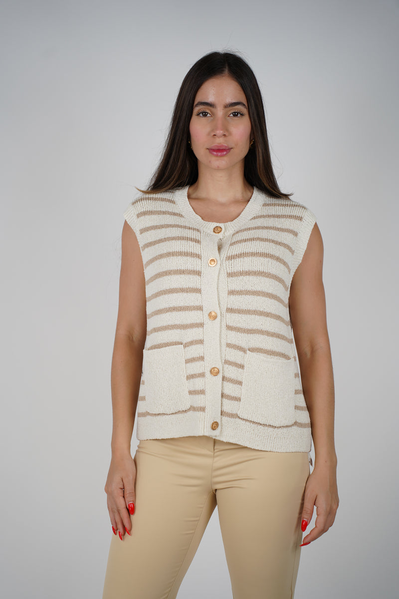Sway Nora Striped Knit Vest – Button-Up Sleeveless Sweater with Pockets