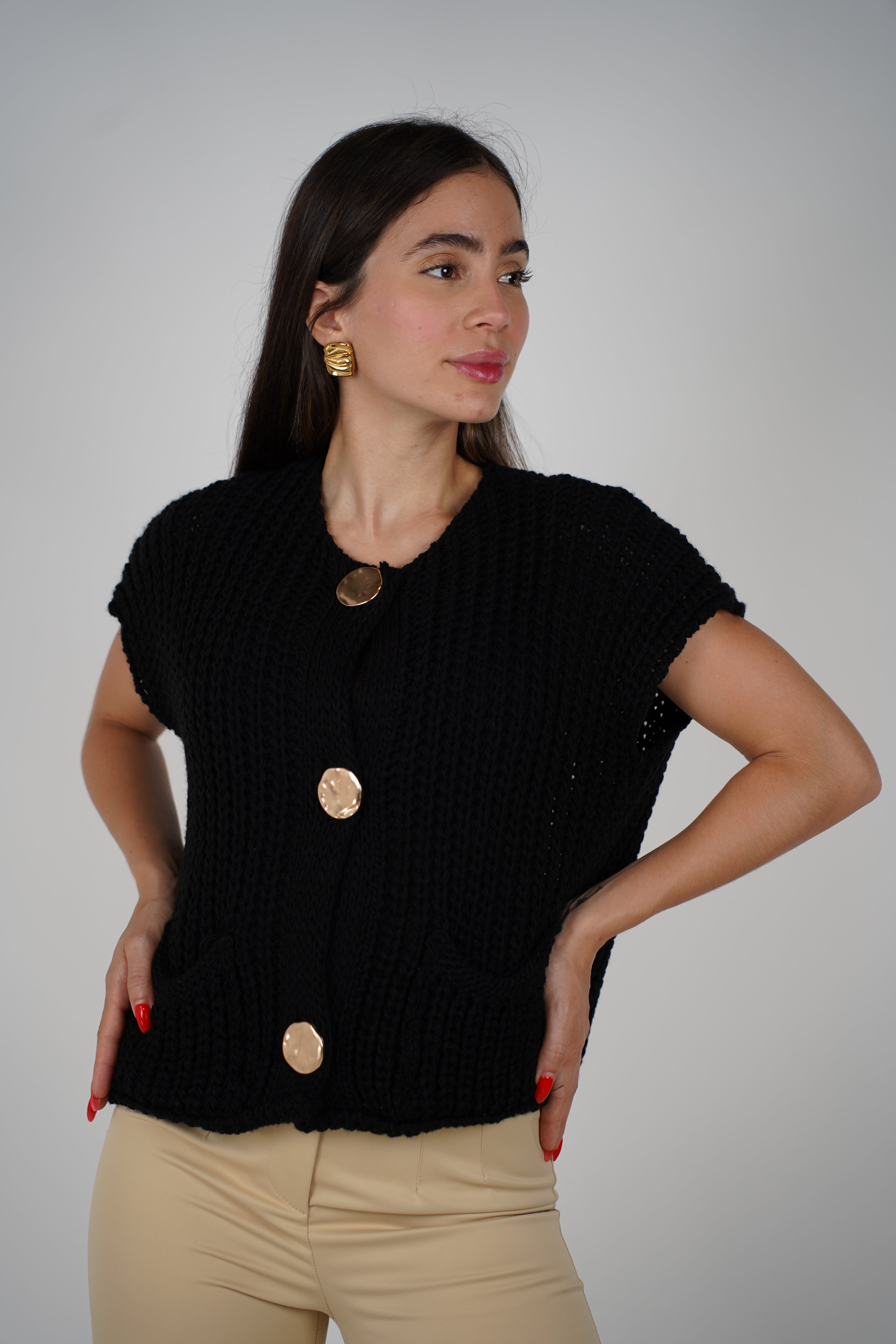 Stella Sweater Vest – Chunky Knit With Gold Button Detail
