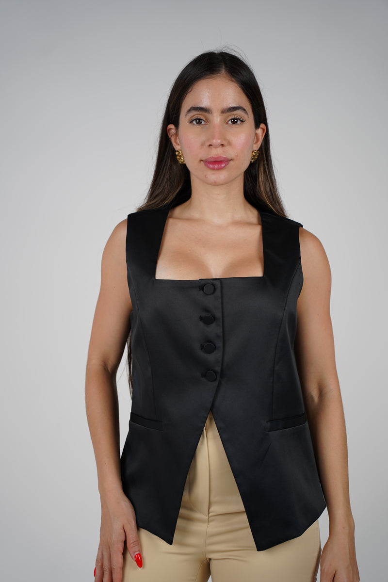 Celeste Vest – Sleek Satin Edge with a Bold Statement