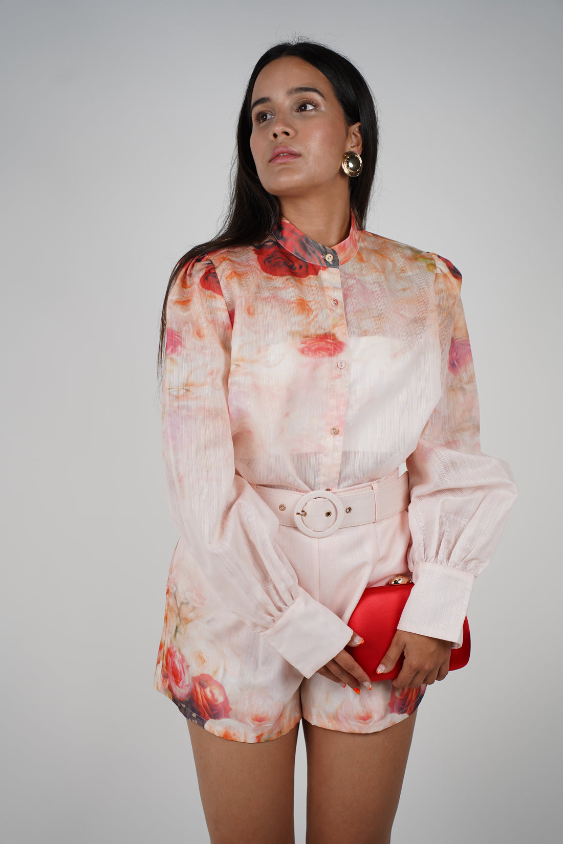 Hannah Set – Elegant Floral Belted Shirt & Shorts Duo
