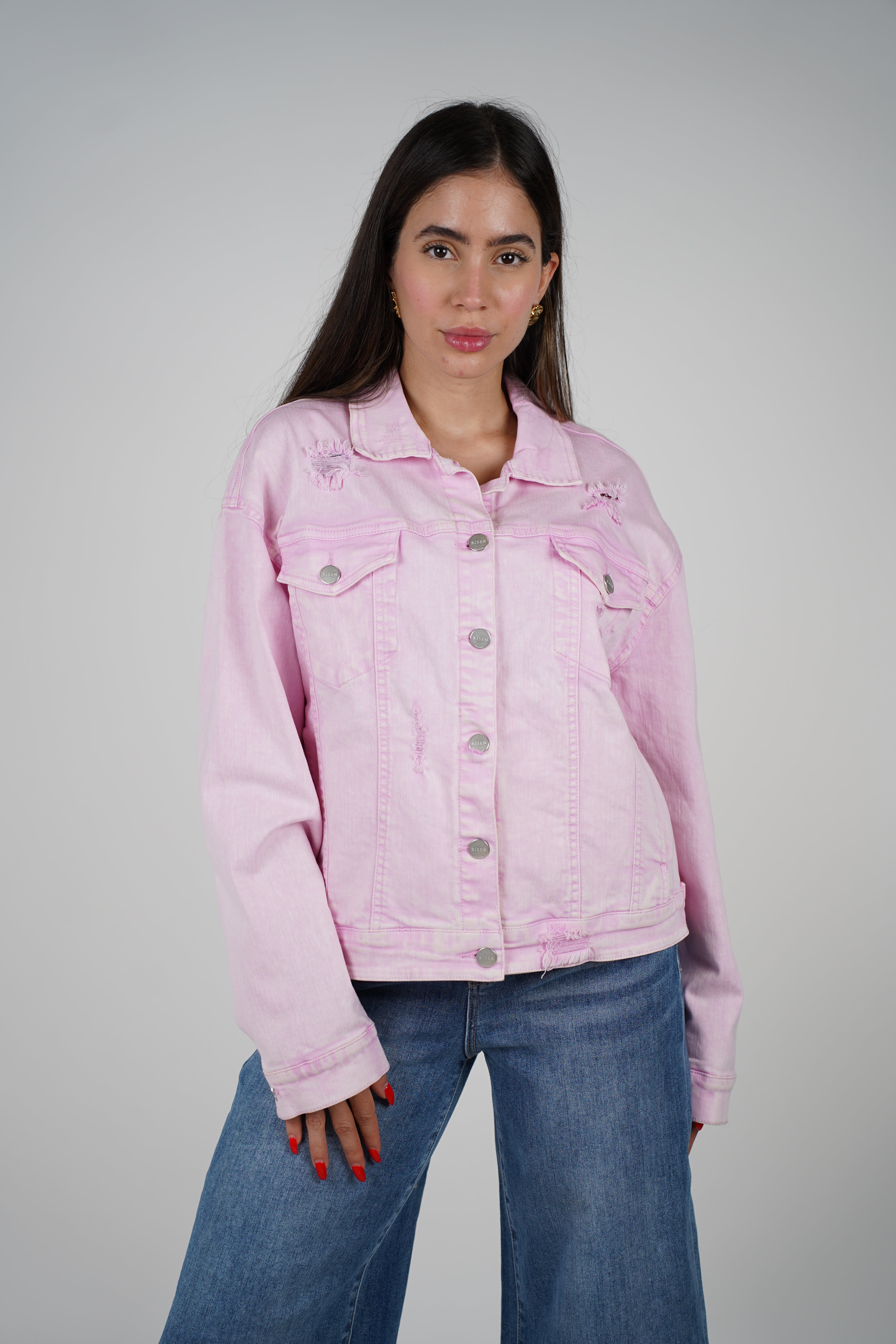 Pimpinela Jacket – Light Pink Denim with a Distressed Edge