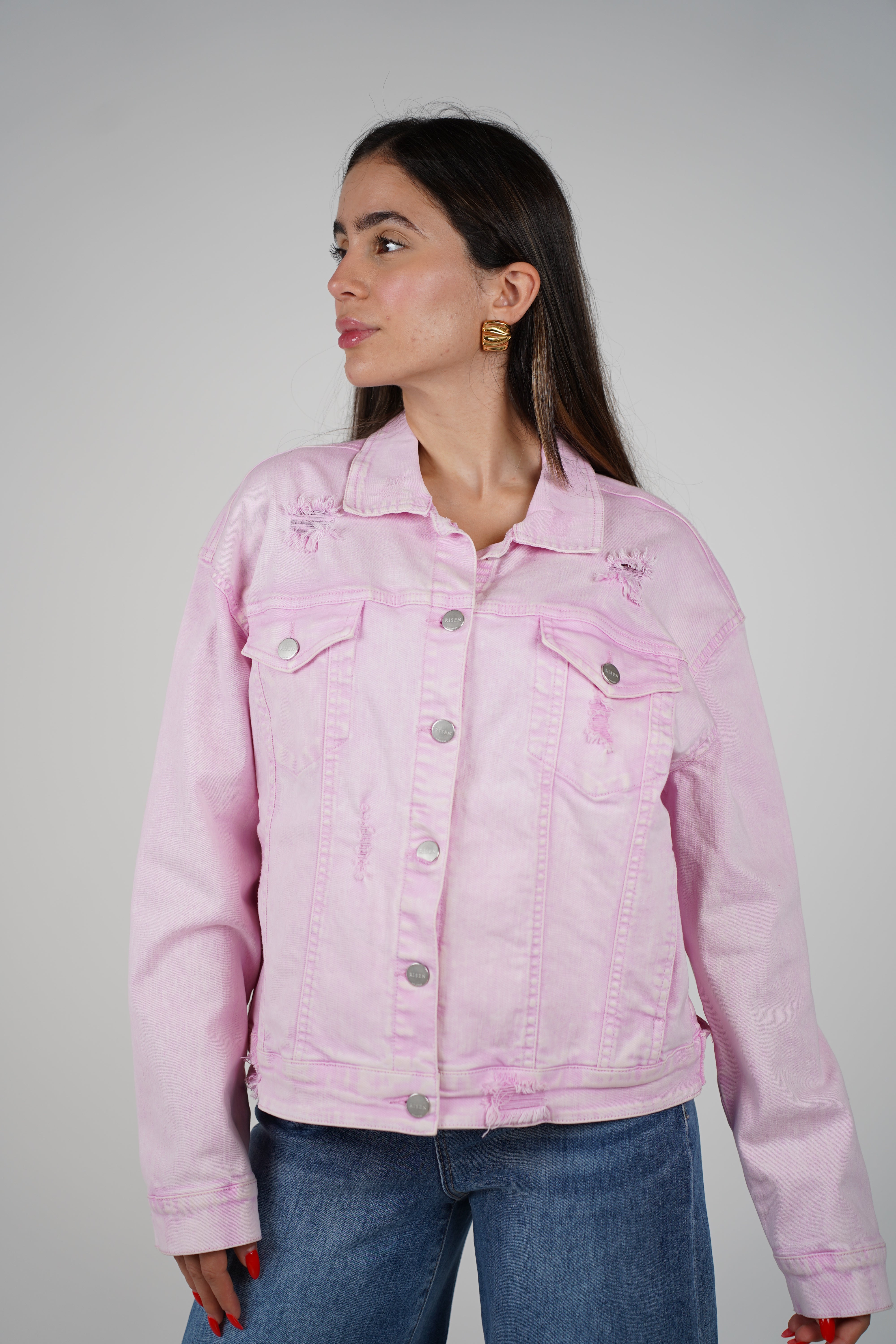 Pimpinela Jacket – Light Pink Denim with a Distressed Edge