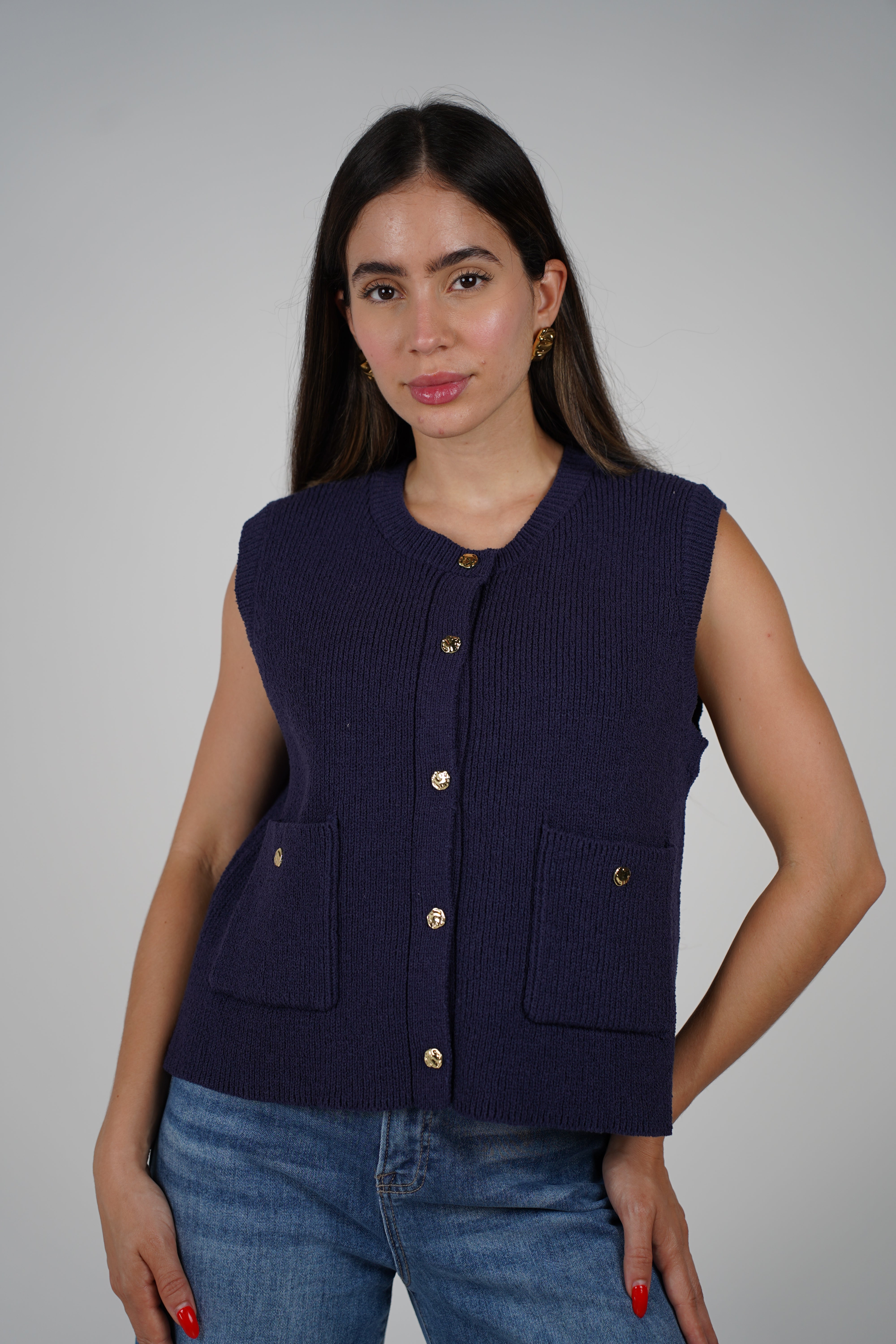 Zhoe Sweater Vest – Navy Knit with Gold Button Detail