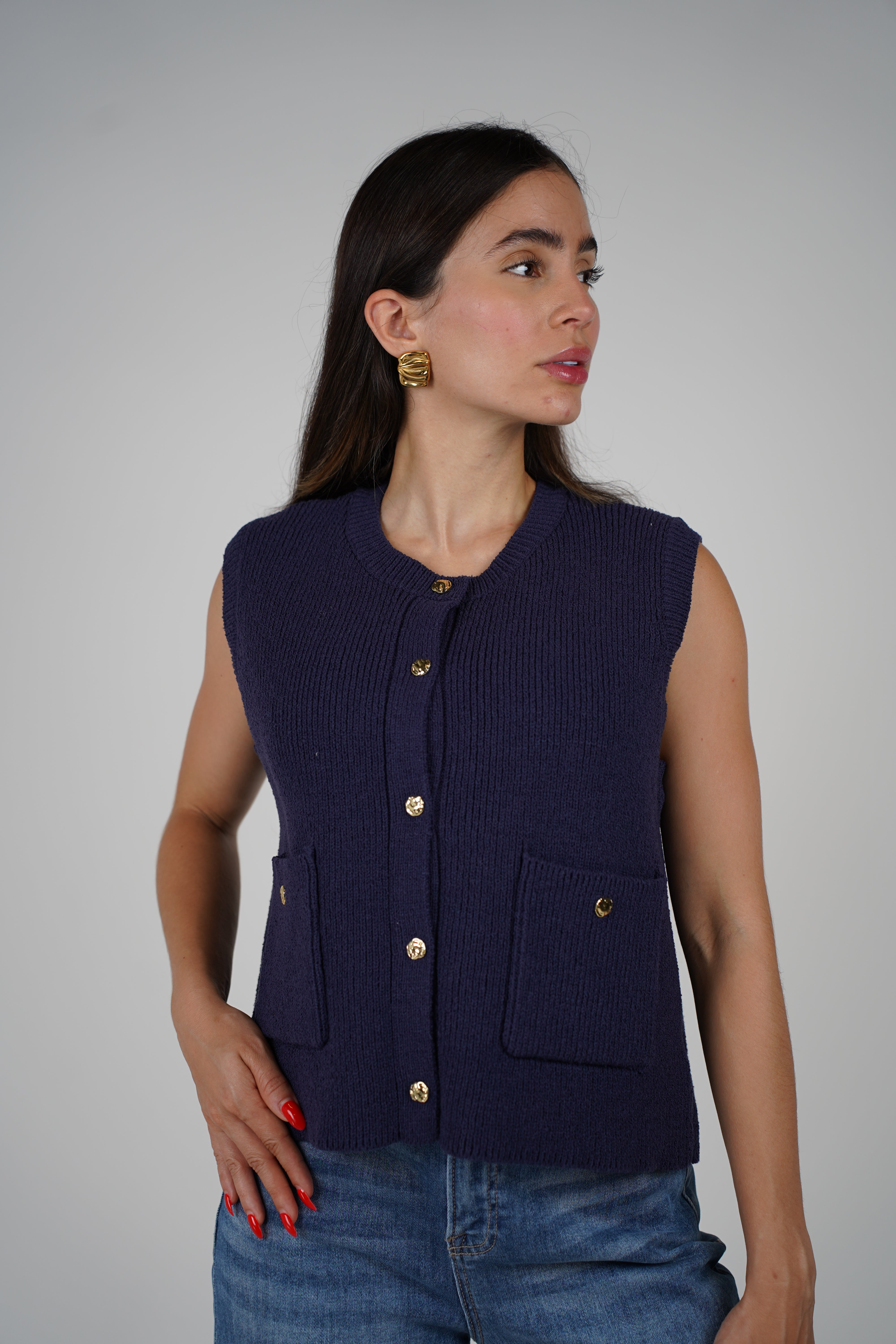 Zhoe Sweater Vest – Navy Knit with Gold Button Detail