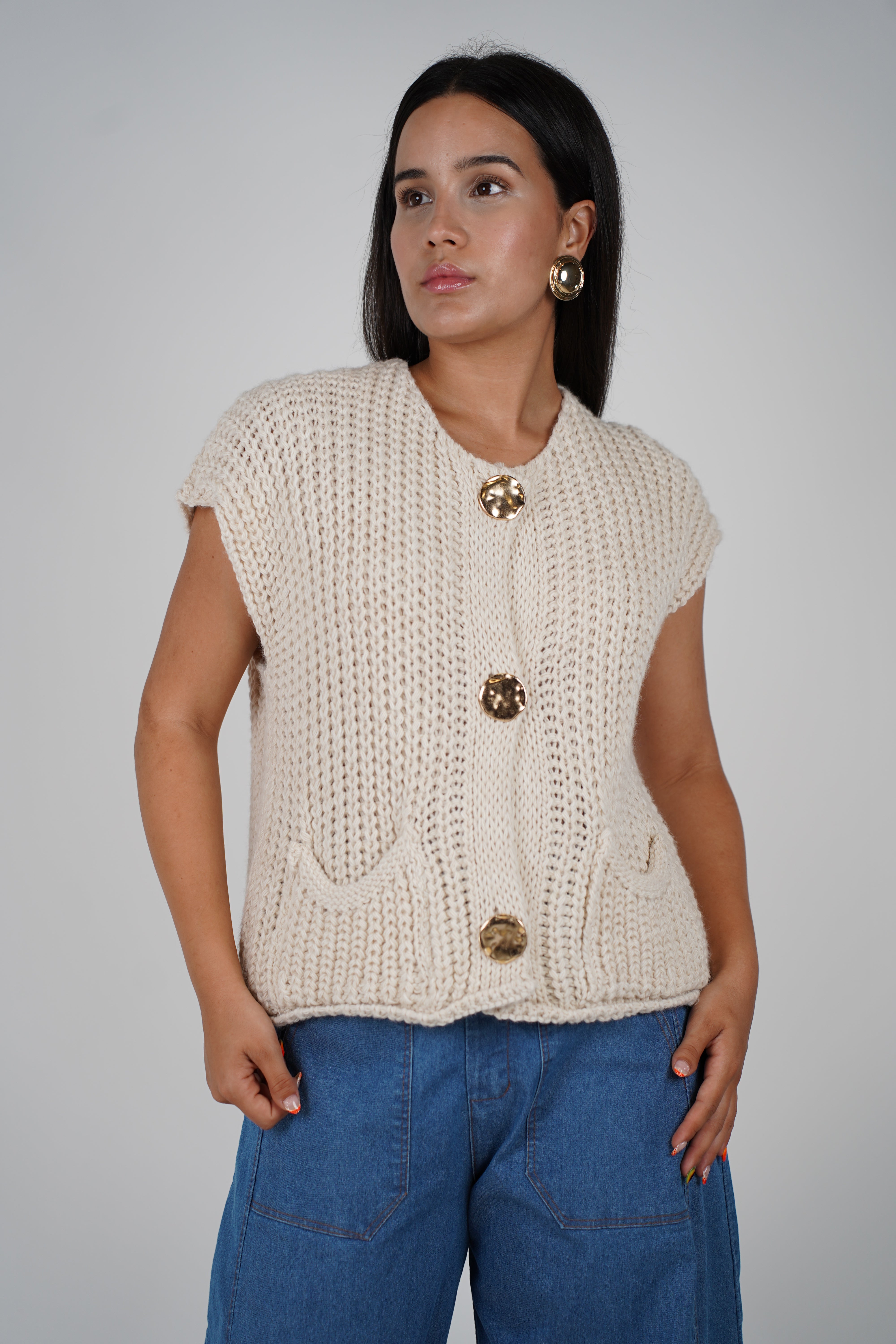 Stella Sweater Vest – Chunky Knit With Gold Button Detail