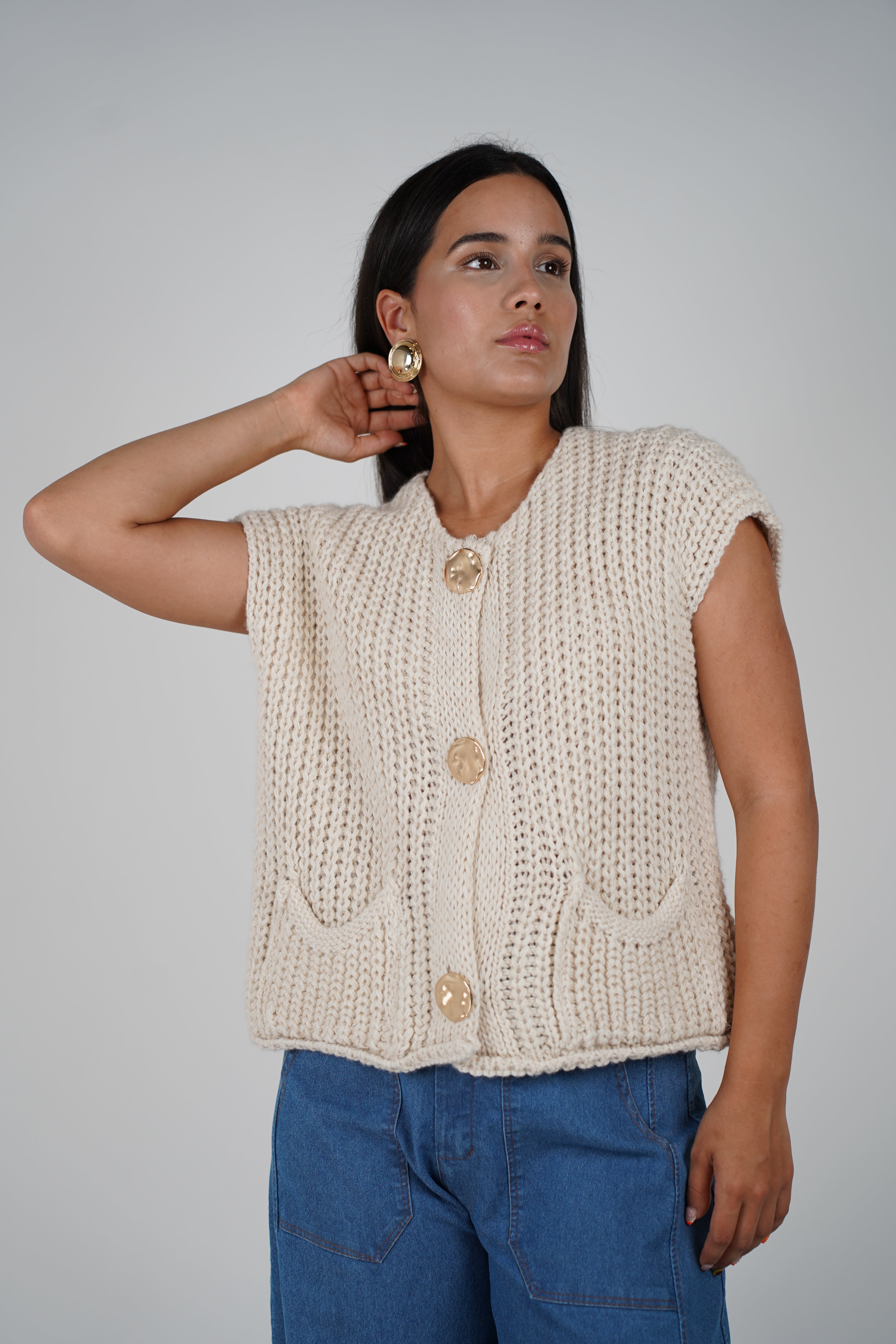 Stella Sweater Vest – Chunky Knit With Gold Button Detail