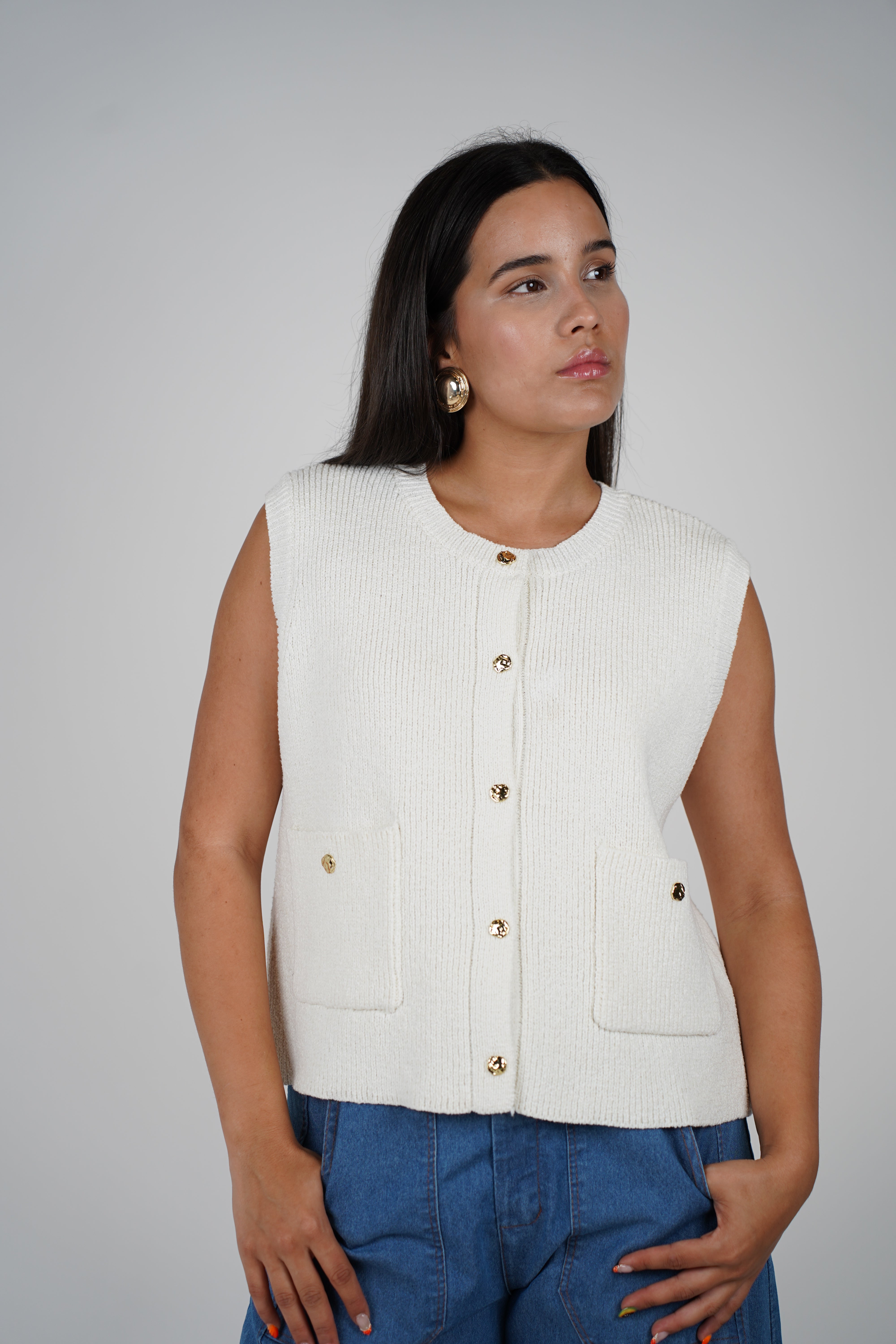 Zhoe Sweater Vest – Navy Knit with Gold Button Detail