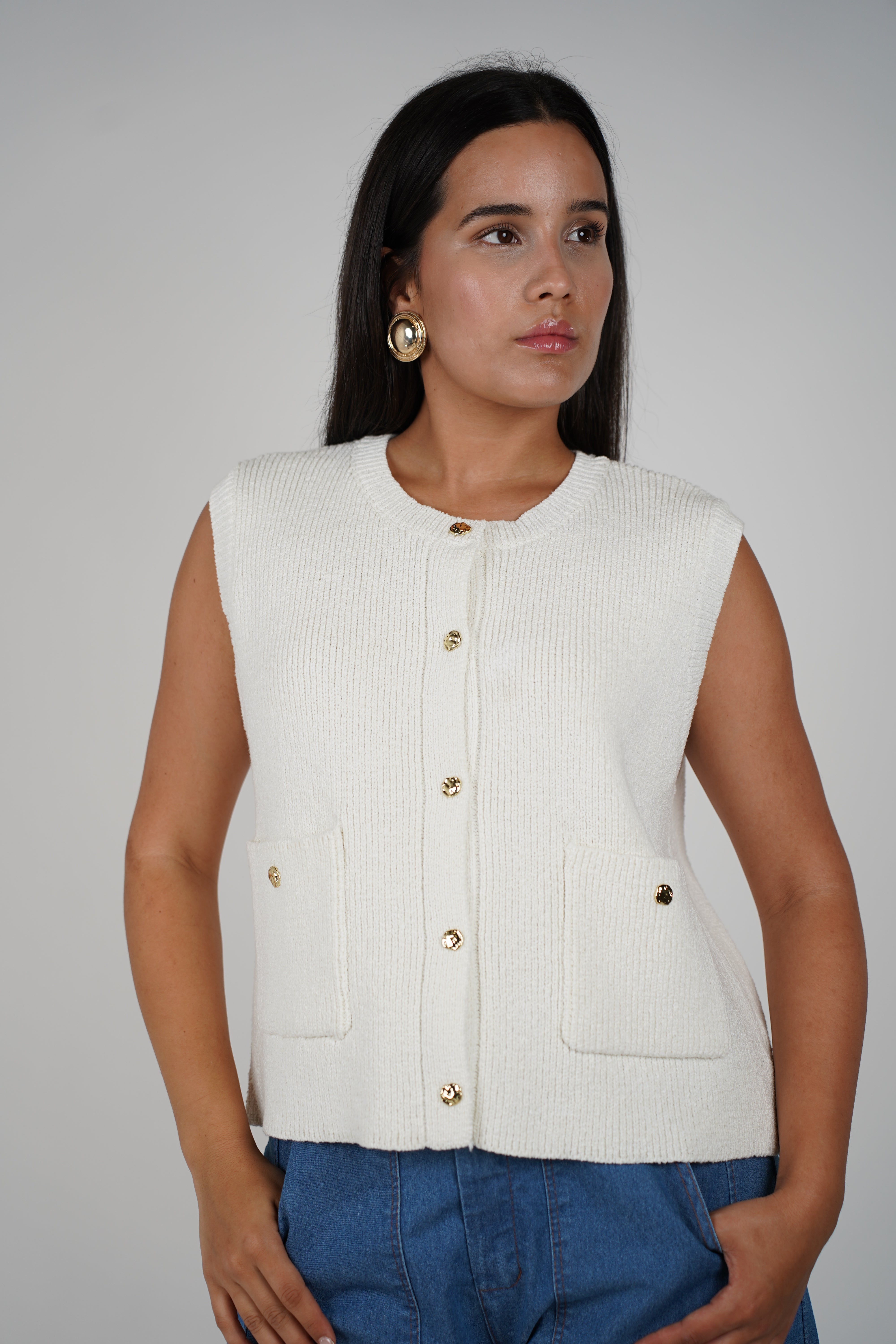 Zhoe Sweater Vest – Navy Knit with Gold Button Detail