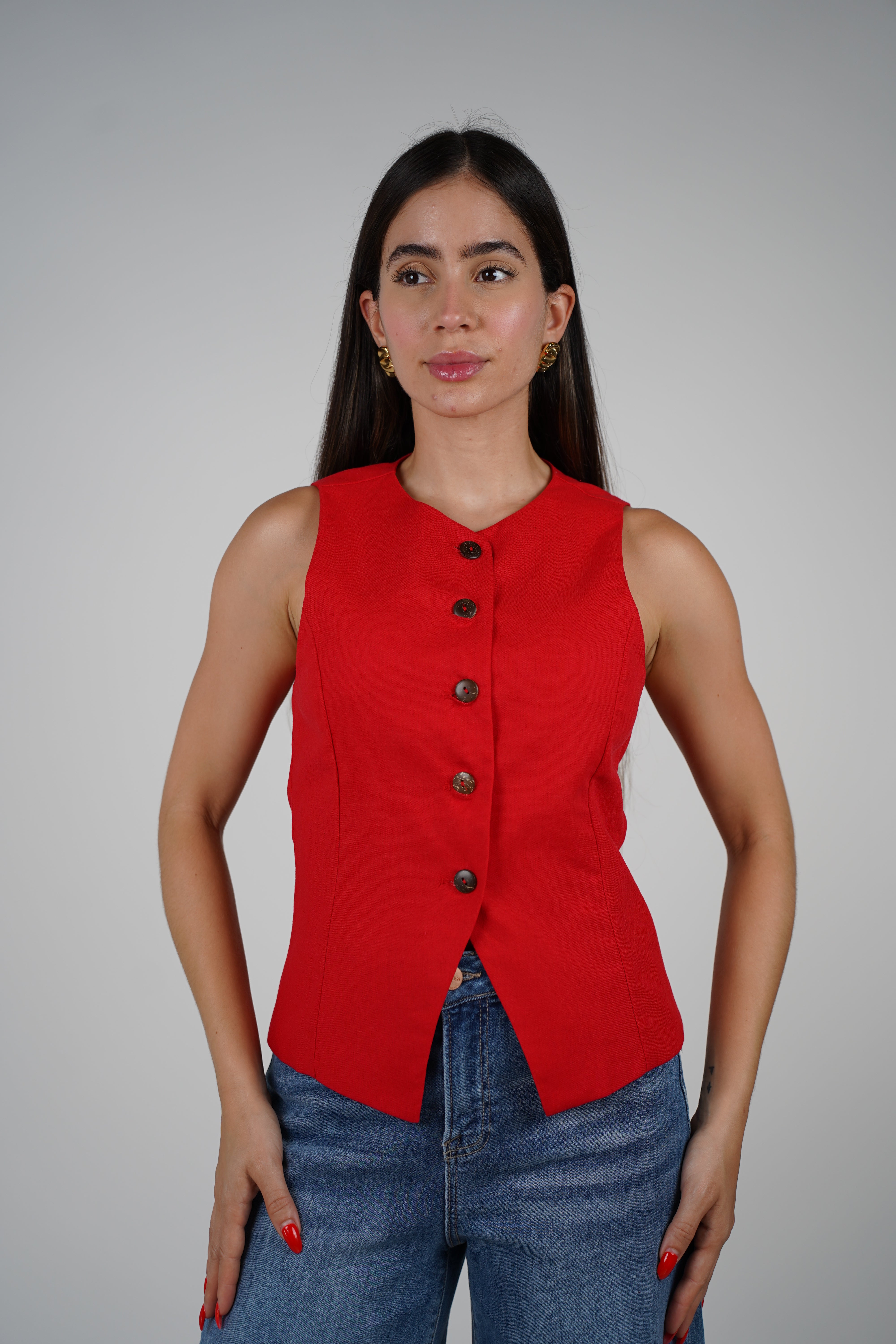 Mary Linen Vest – Bold Red Elegance in a Tailored Fit