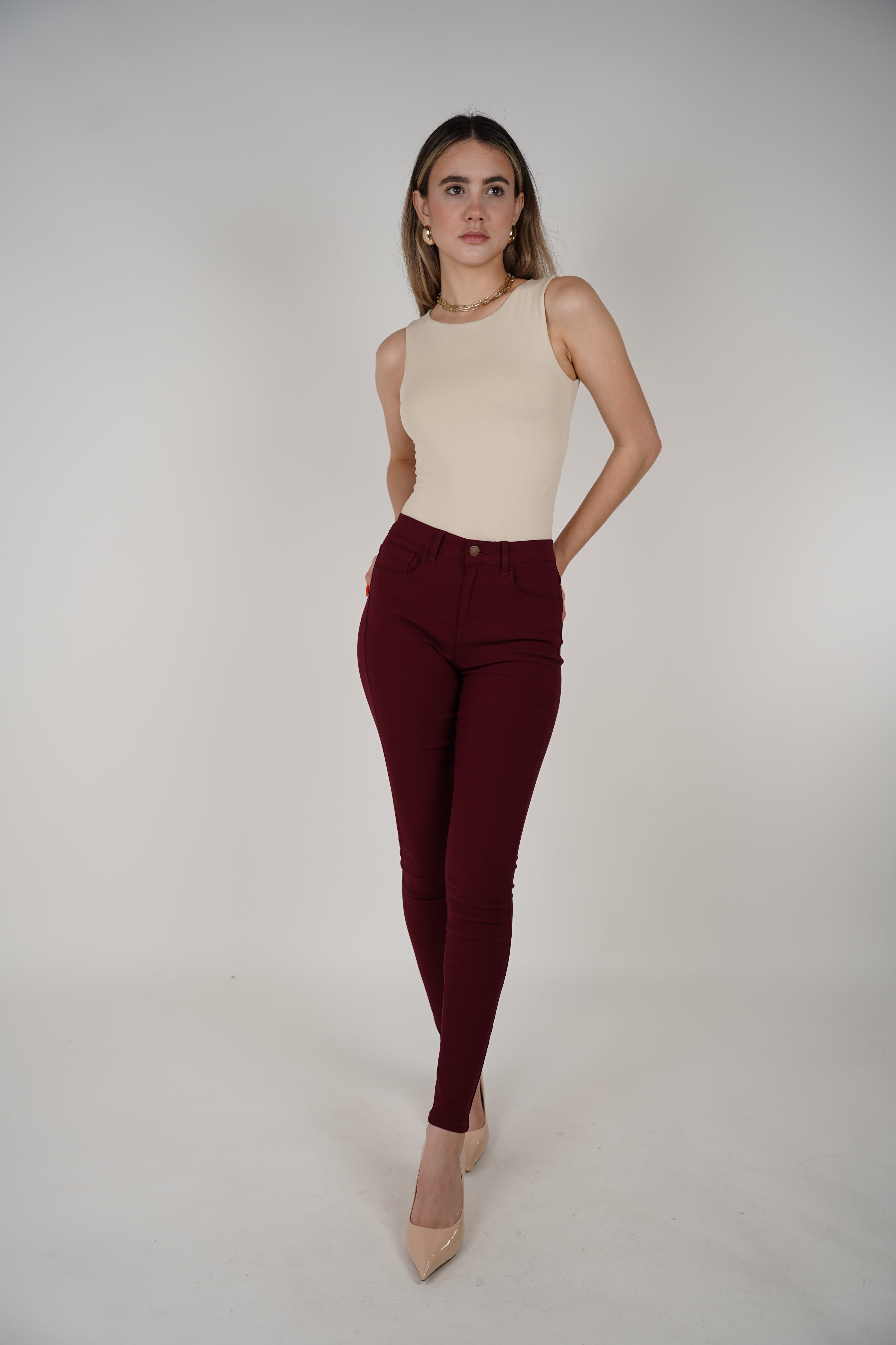 Yusimi Pants – High-Waisted Maroon Sculpting Skinnies