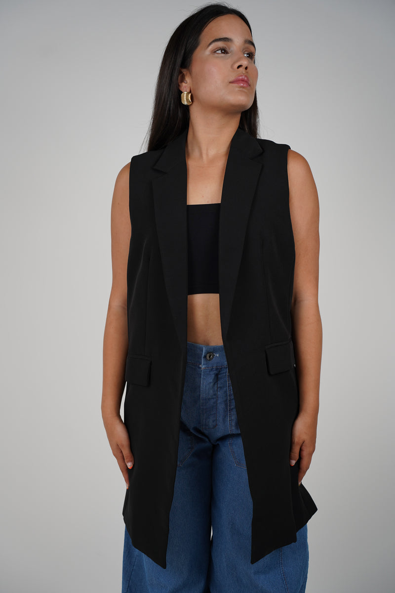 Cruela Vest – Sleek Longline Black Blazer Vest